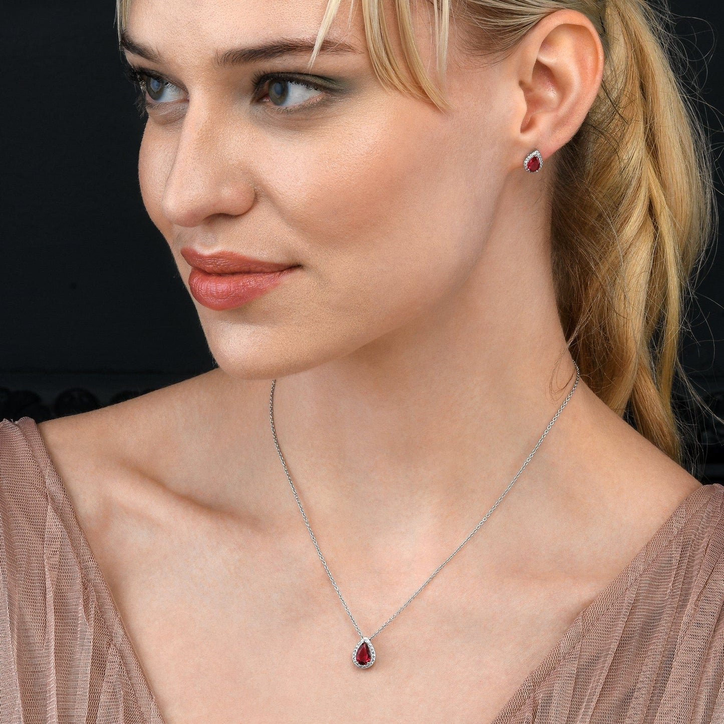925 Sterling Silver Pear Shaped Red Halo Stud Earrings For Women