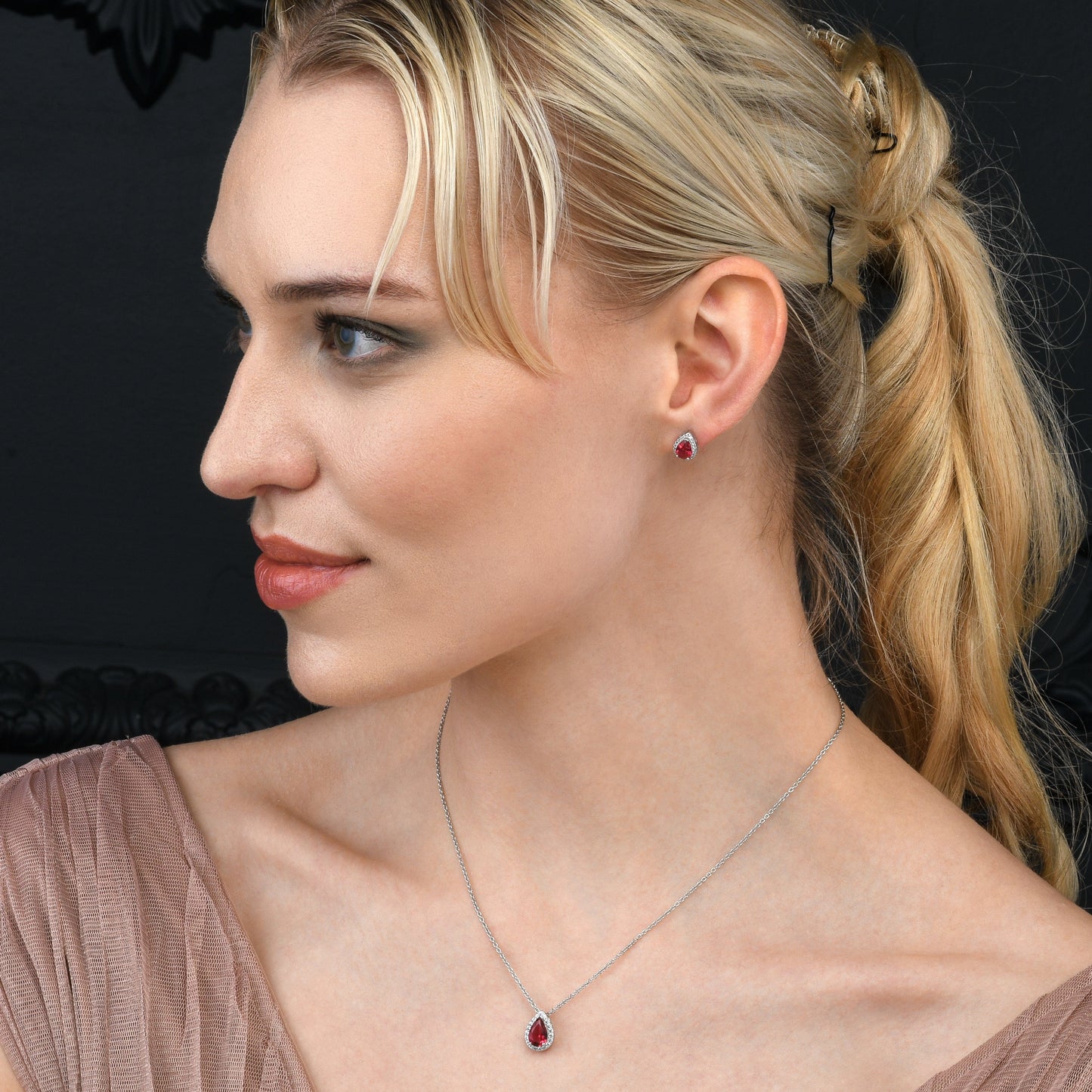 925 Sterling Silver Pear Shaped Red Halo Stud Earrings For Women