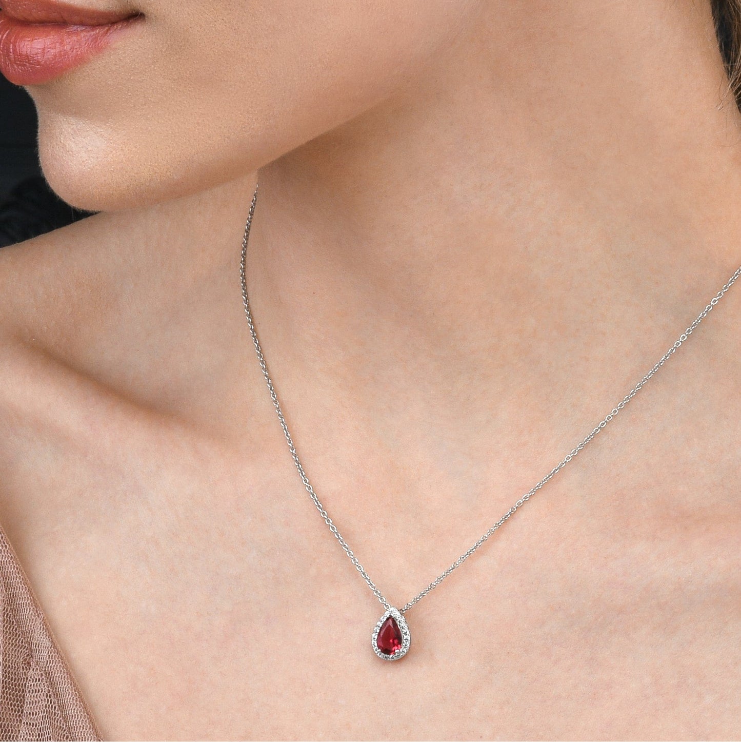 925 Sterling Silver Pear Drop Red Halo Pendant Necklace for Women