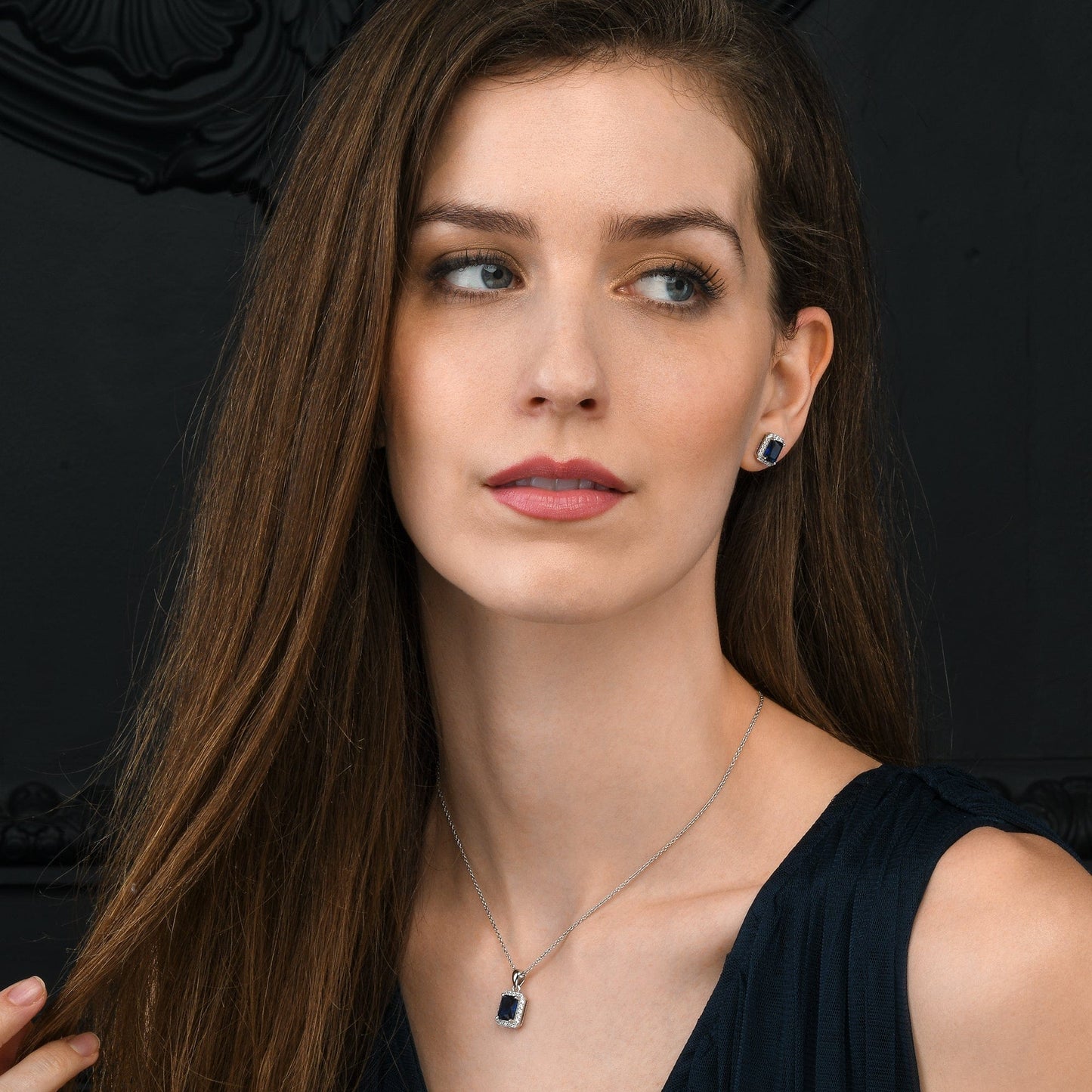 925 Sterling Silver Emerald Cut Blue Halo Pendant Necklace For Women