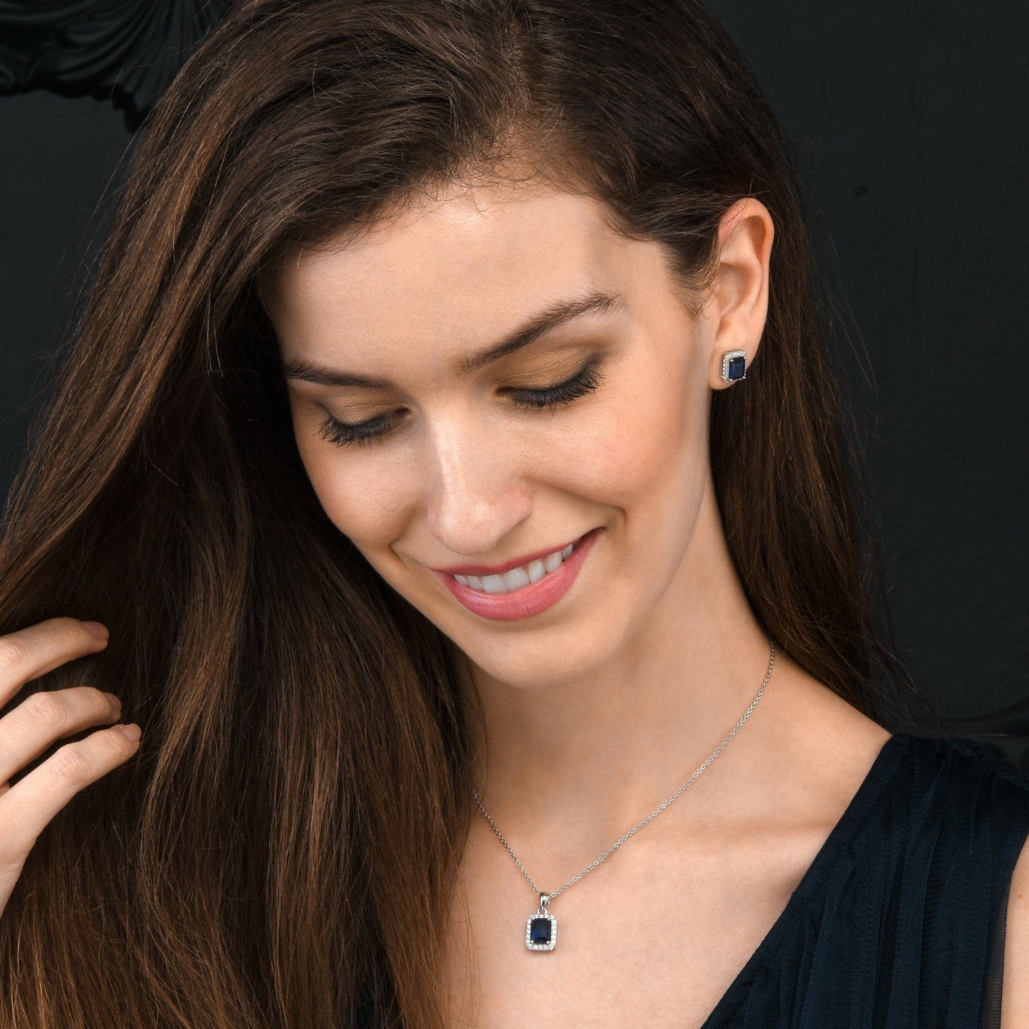 925 Sterling Silver Emerald Cut Blue Halo Pendant Necklace For Women