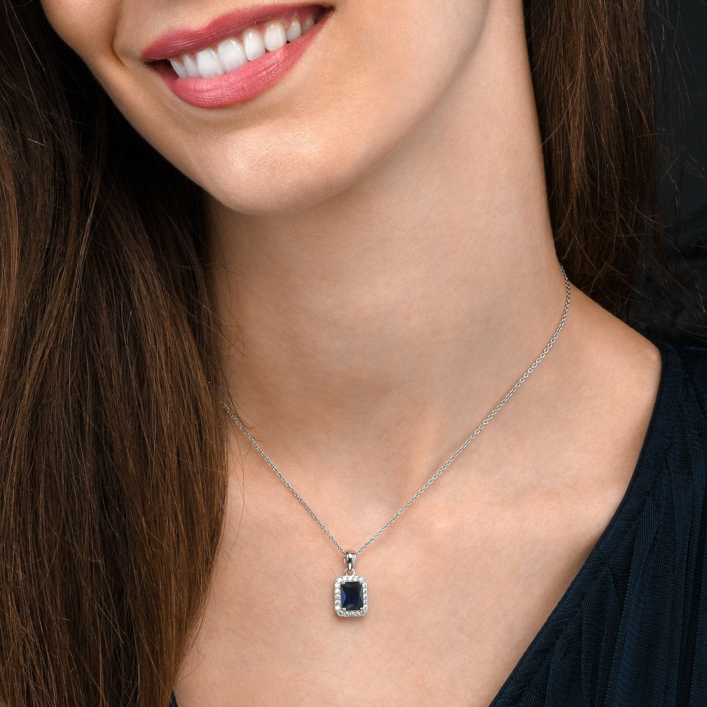925 Sterling Silver Emerald Cut Blue Halo Pendant Necklace For Women