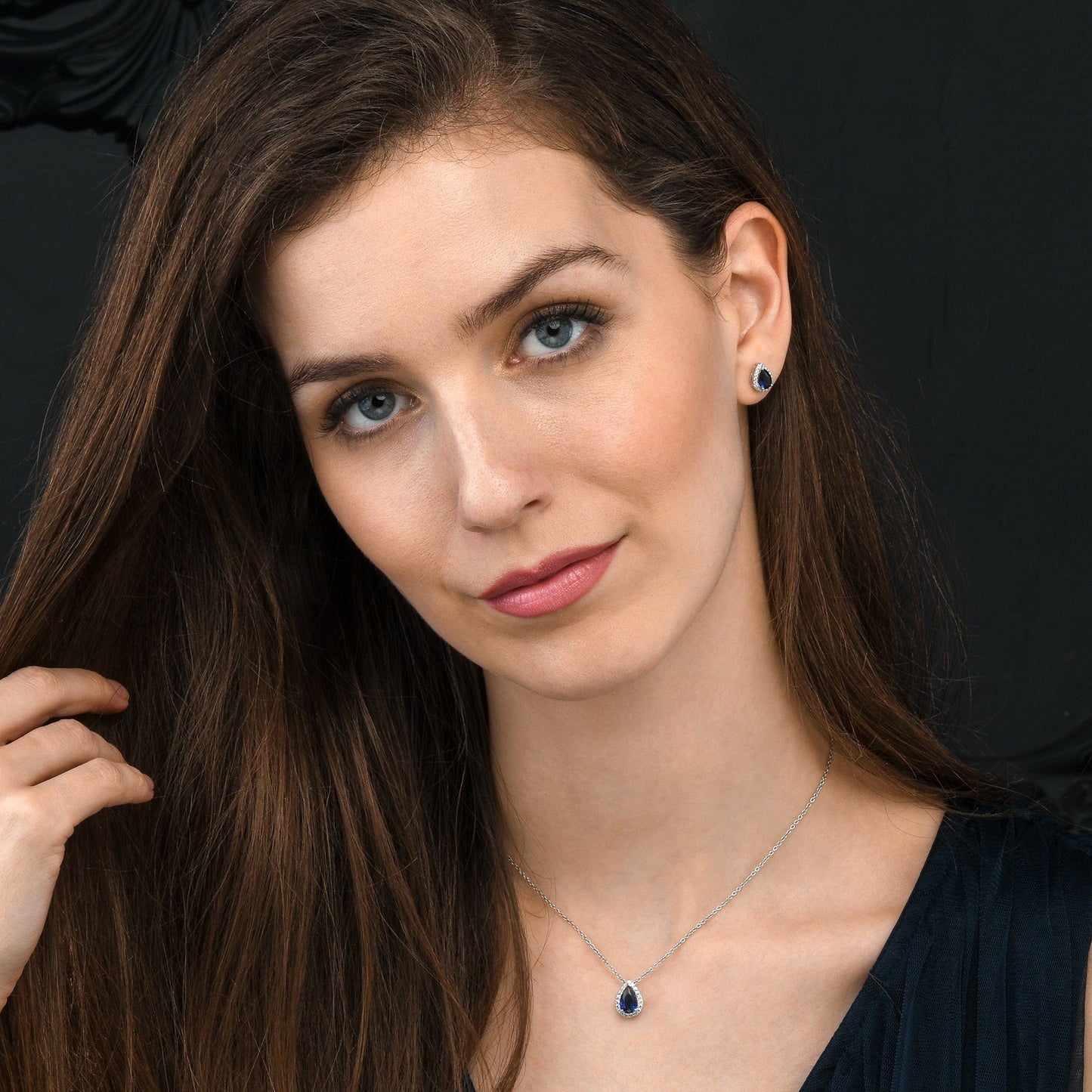 925 Sterling Silver Pear Drop Dark Blue Halo Pendant Necklace for Women