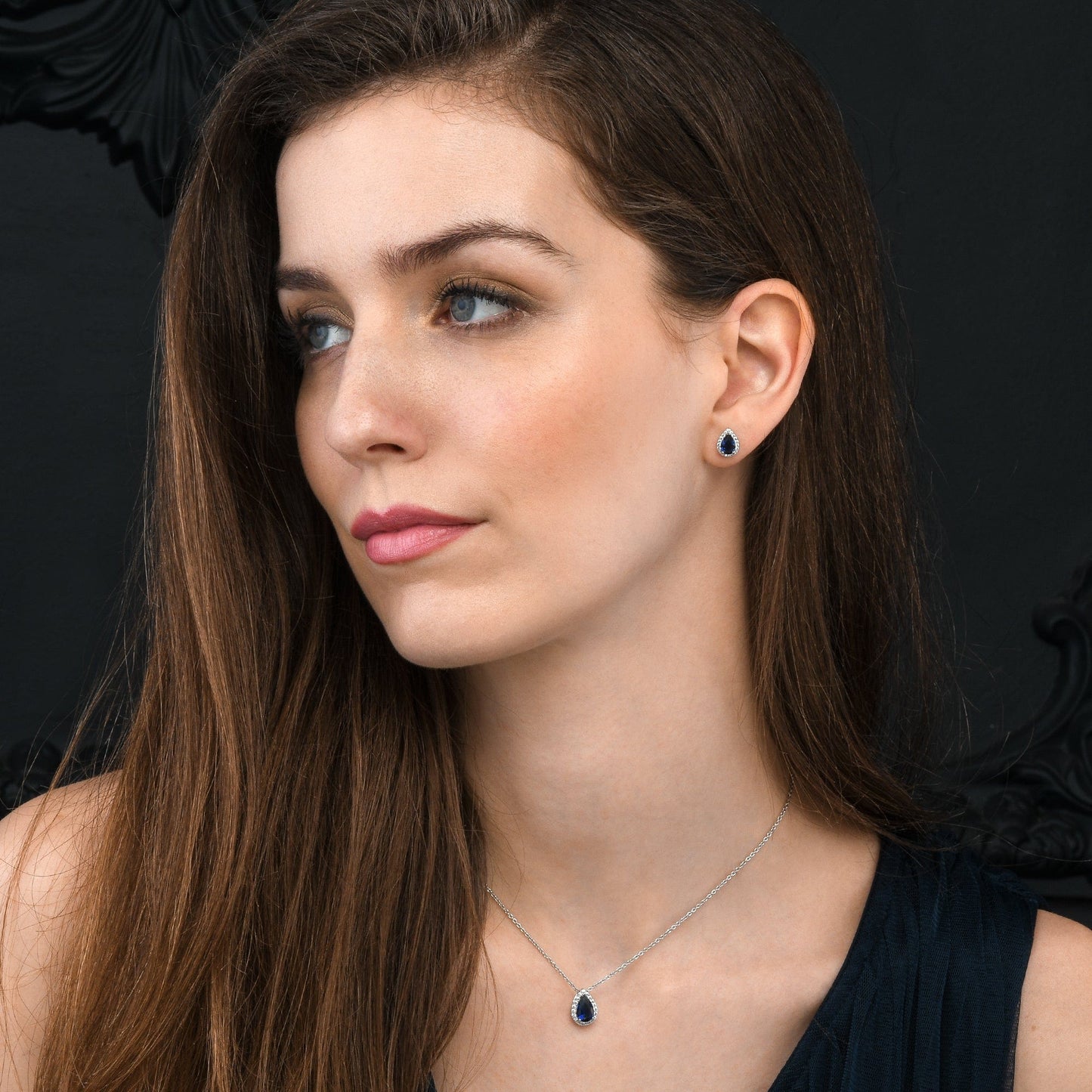 925 Sterling Silver Pear Drop Dark Blue Halo Pendant Necklace for Women