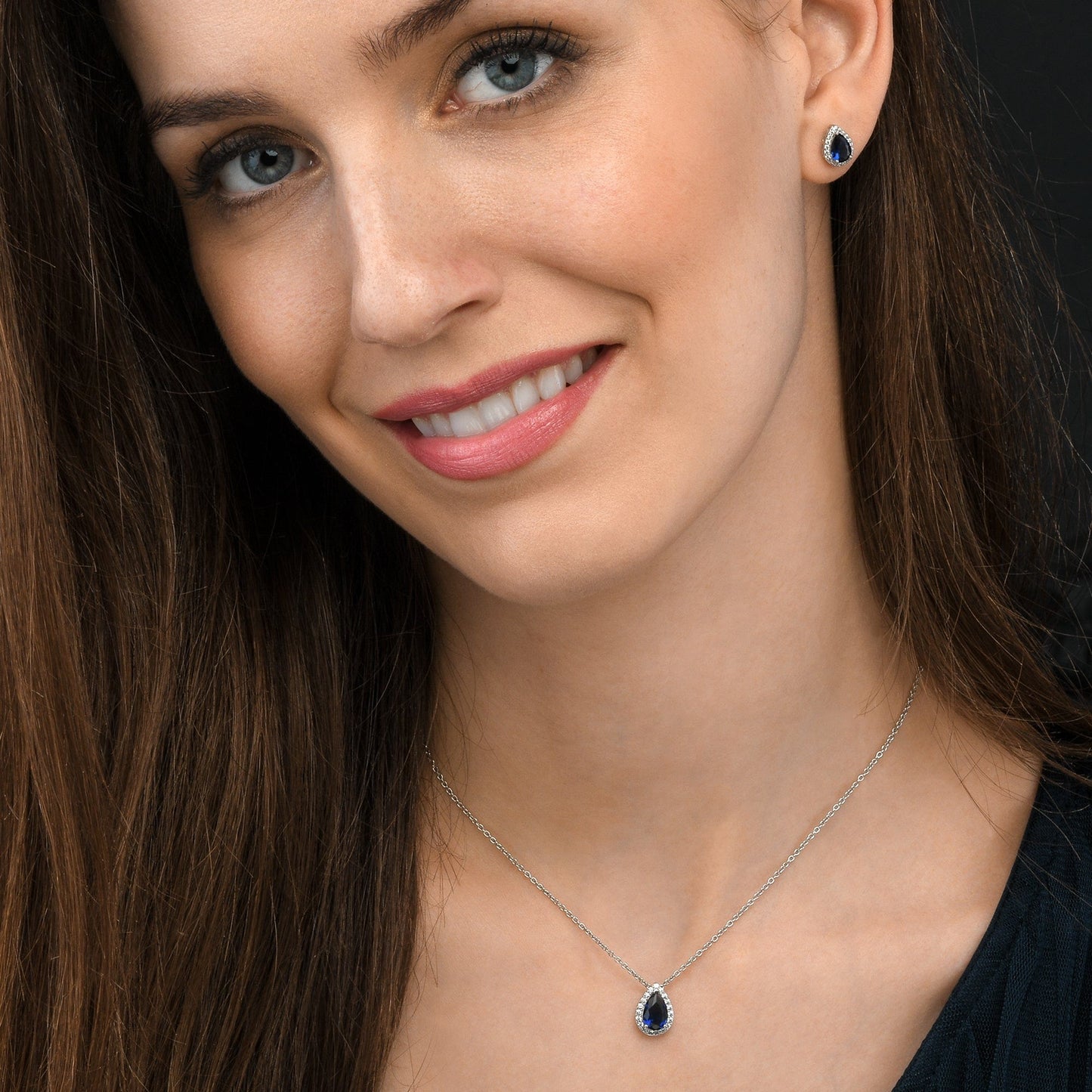 925 Sterling Silver Pear Drop Dark Blue Halo Pendant Necklace for Women