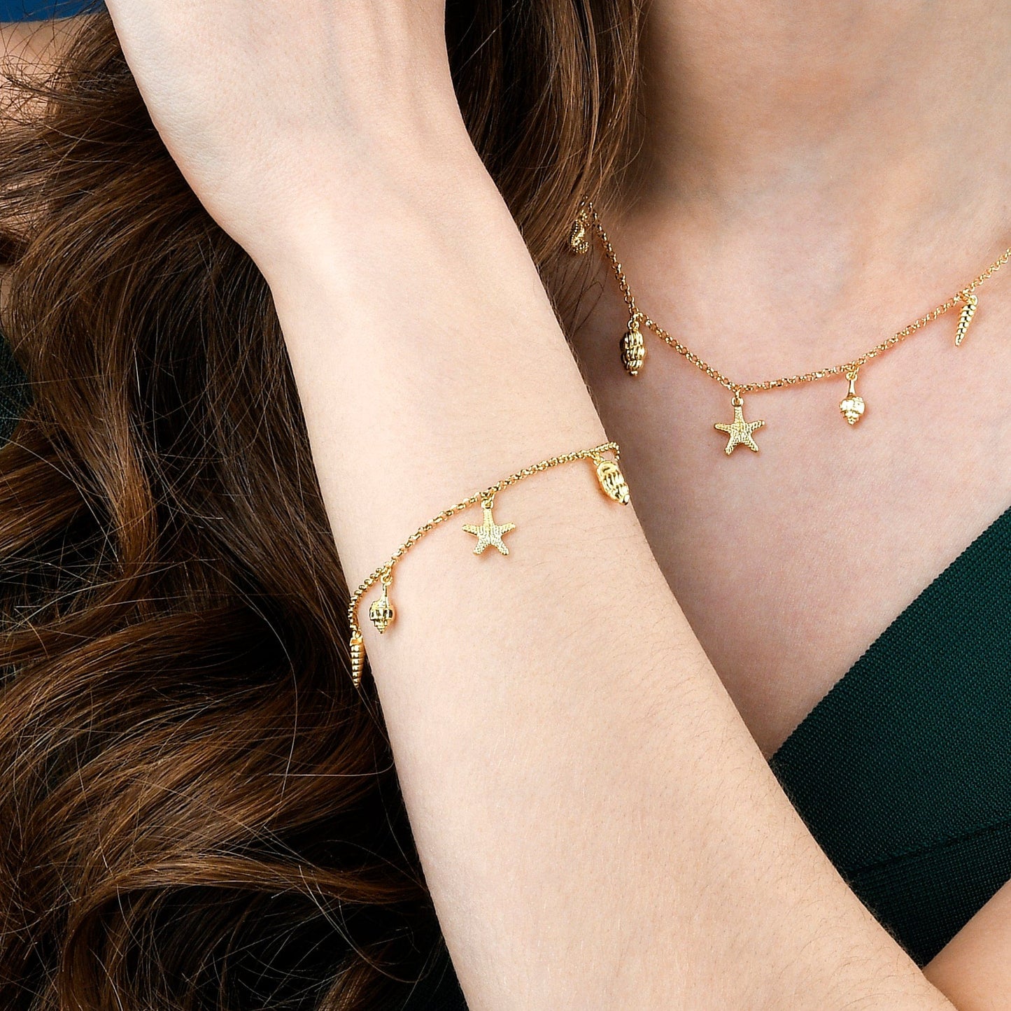 Gold Plated Sterling Silver Bracelet with Starfish, Shells, Seahorse and Coral Charms for Women