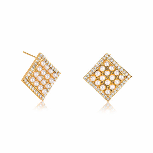 Gold Large Pearl Earrings set with Small White Pearls & Cubic Zirconia for Women
