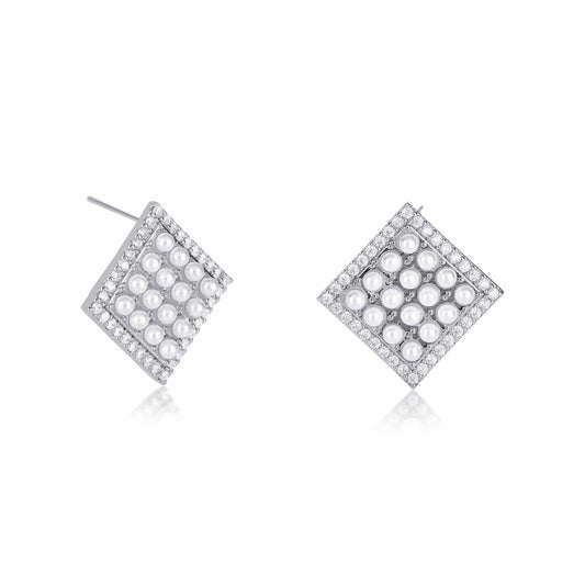 Silver Large Pearl Earrings set with Small White Pearls & Cubic Zirconia for Women