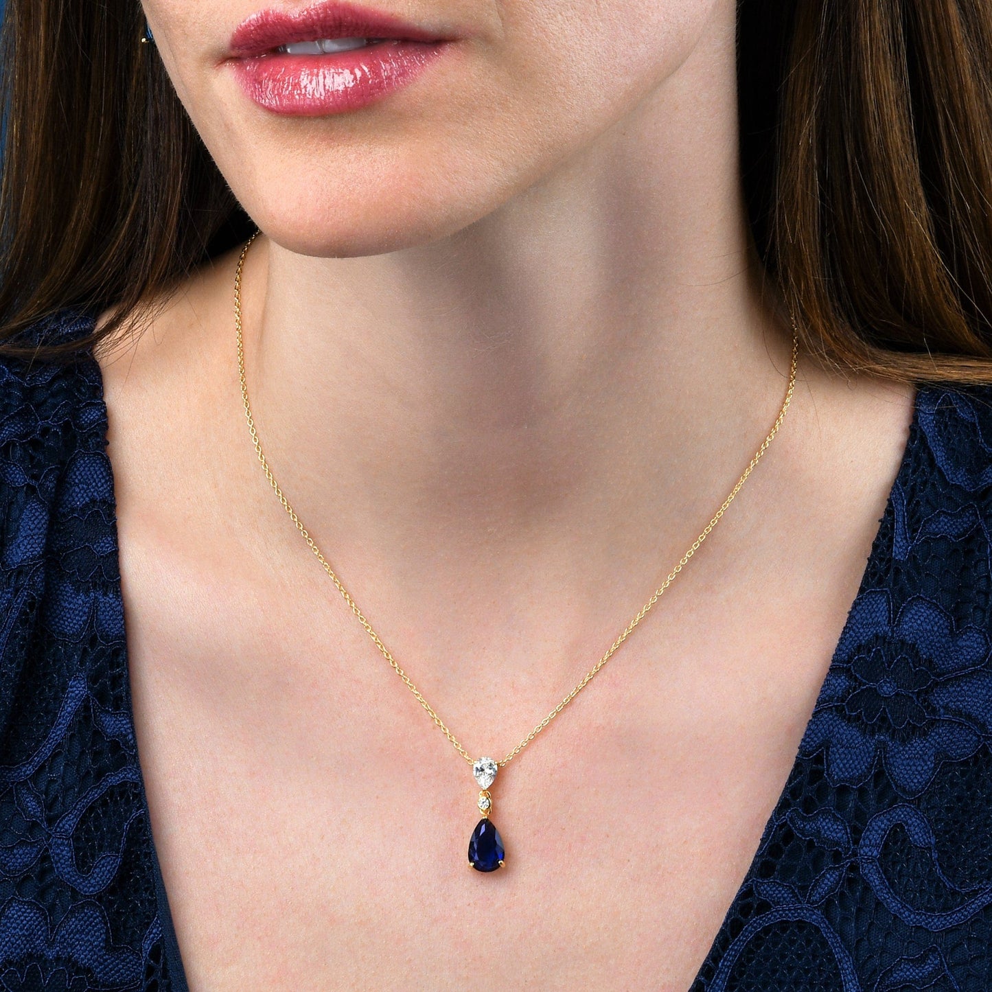 Gold Plated 925 Sterling Silver Blue Pear Drop Pendant Necklace For Women