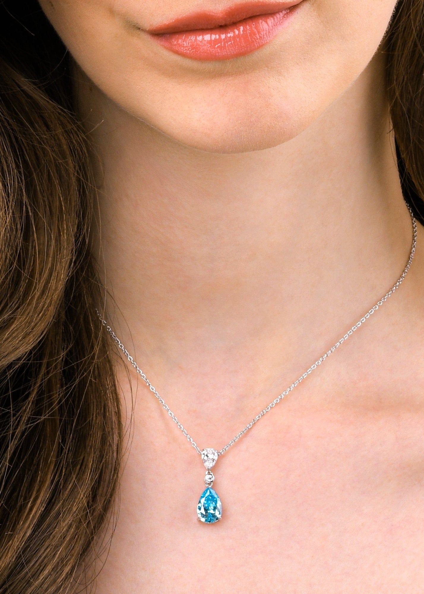 925 Sterling Silver Light Blue Pear Drop Pendant Necklace For Women