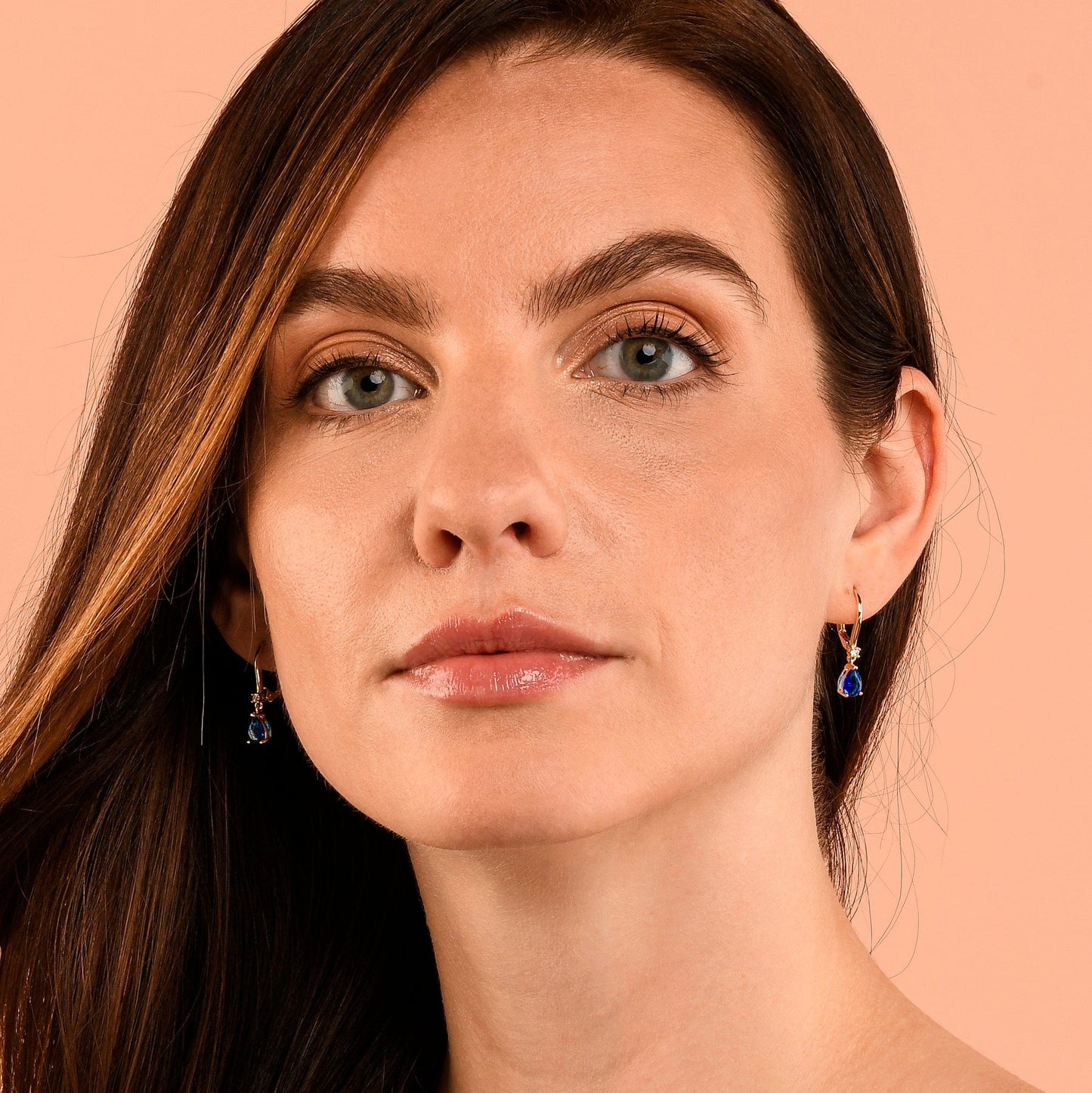 Gold Plated Small Pear Shaped Blue Cubic Zirconia Leverback Drop Earrings For Women