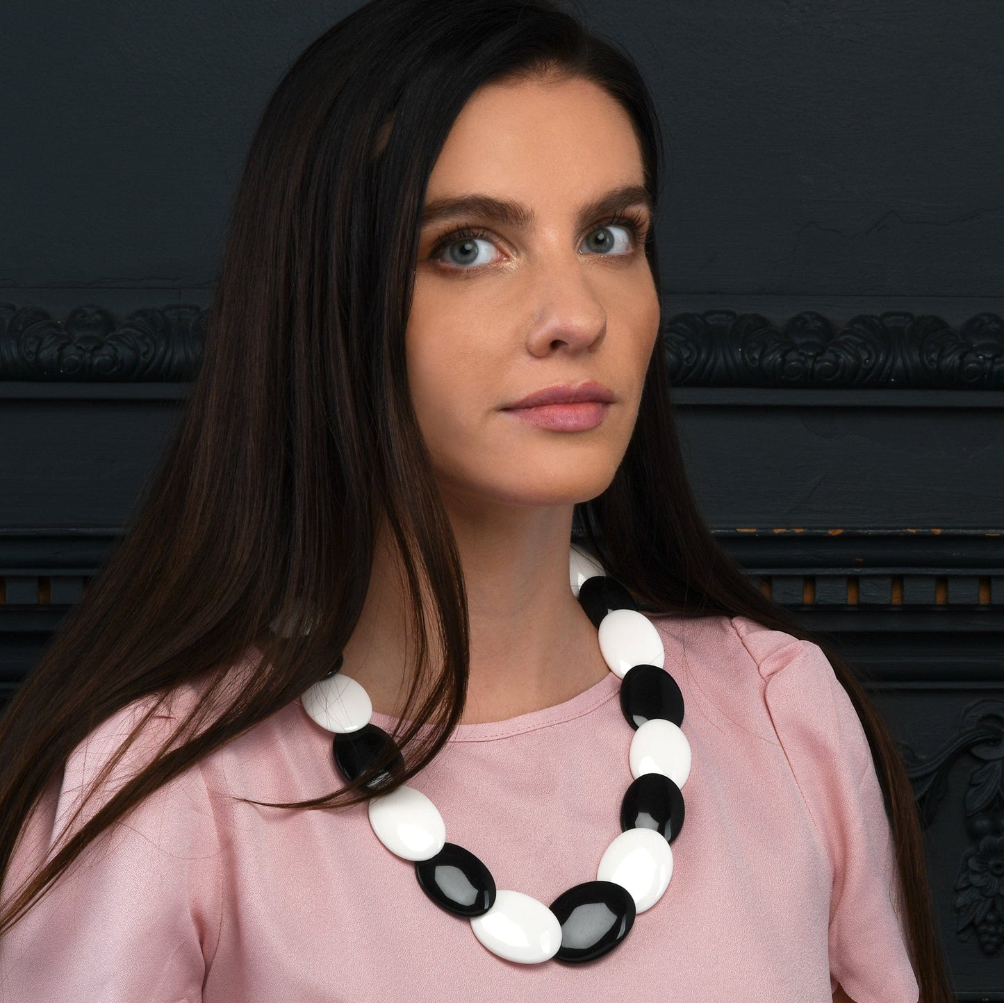 Long Black and White Chunky Statement Necklace for Women