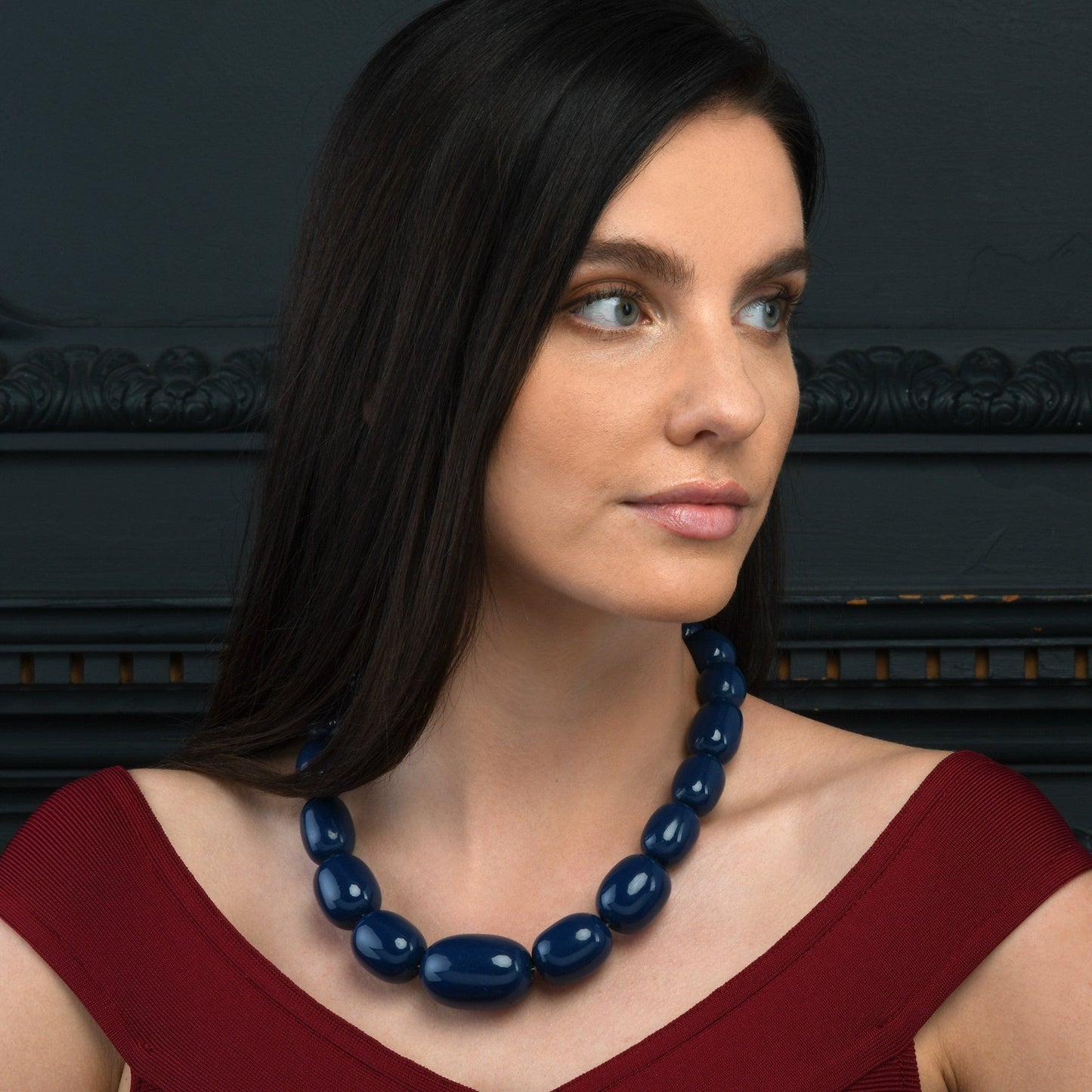 20 inch Long Blue Oval Beads Statement Necklace for Women