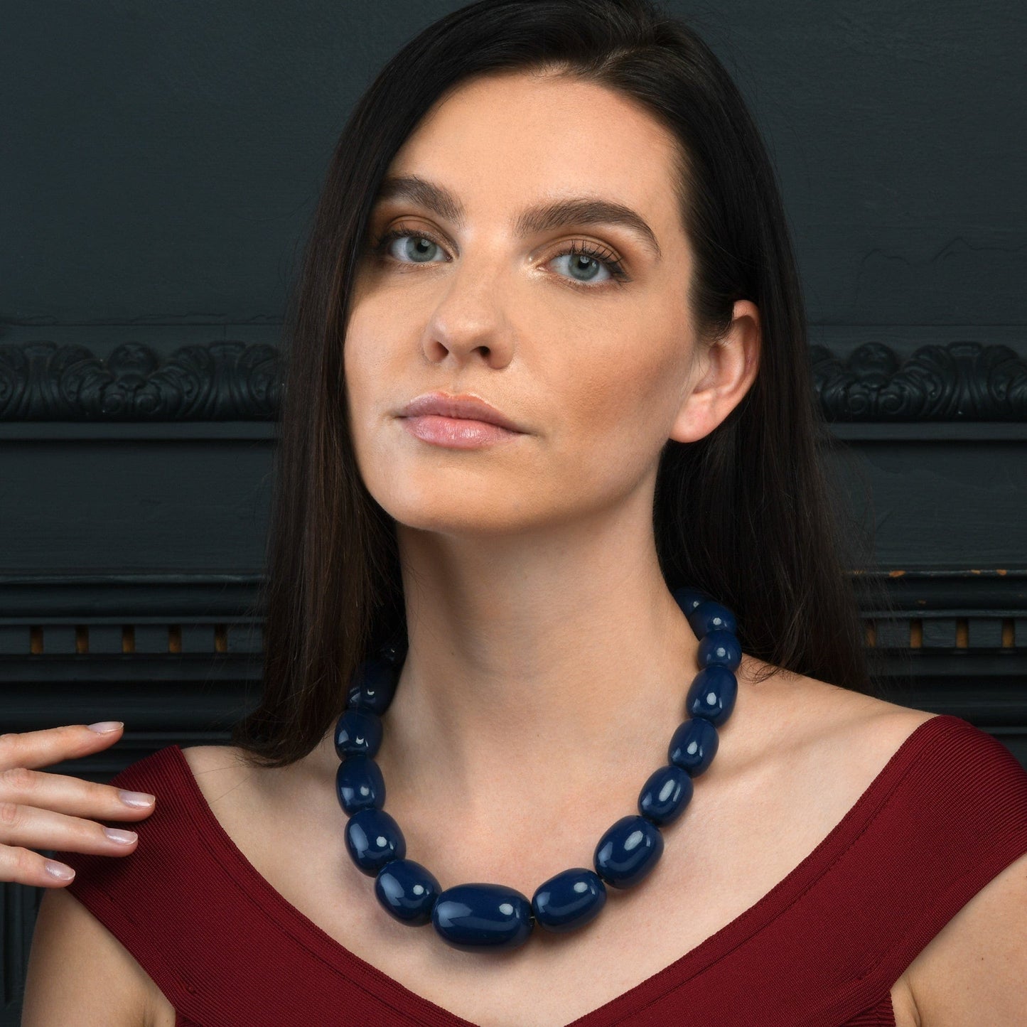 20 inch Long Blue Oval Beads Statement Necklace for Women