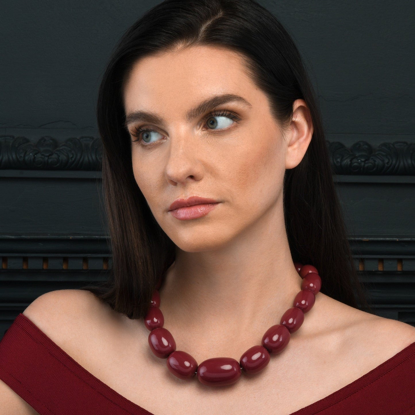 20 inch Long Burgundy Oval Beads Statement Necklace for Women