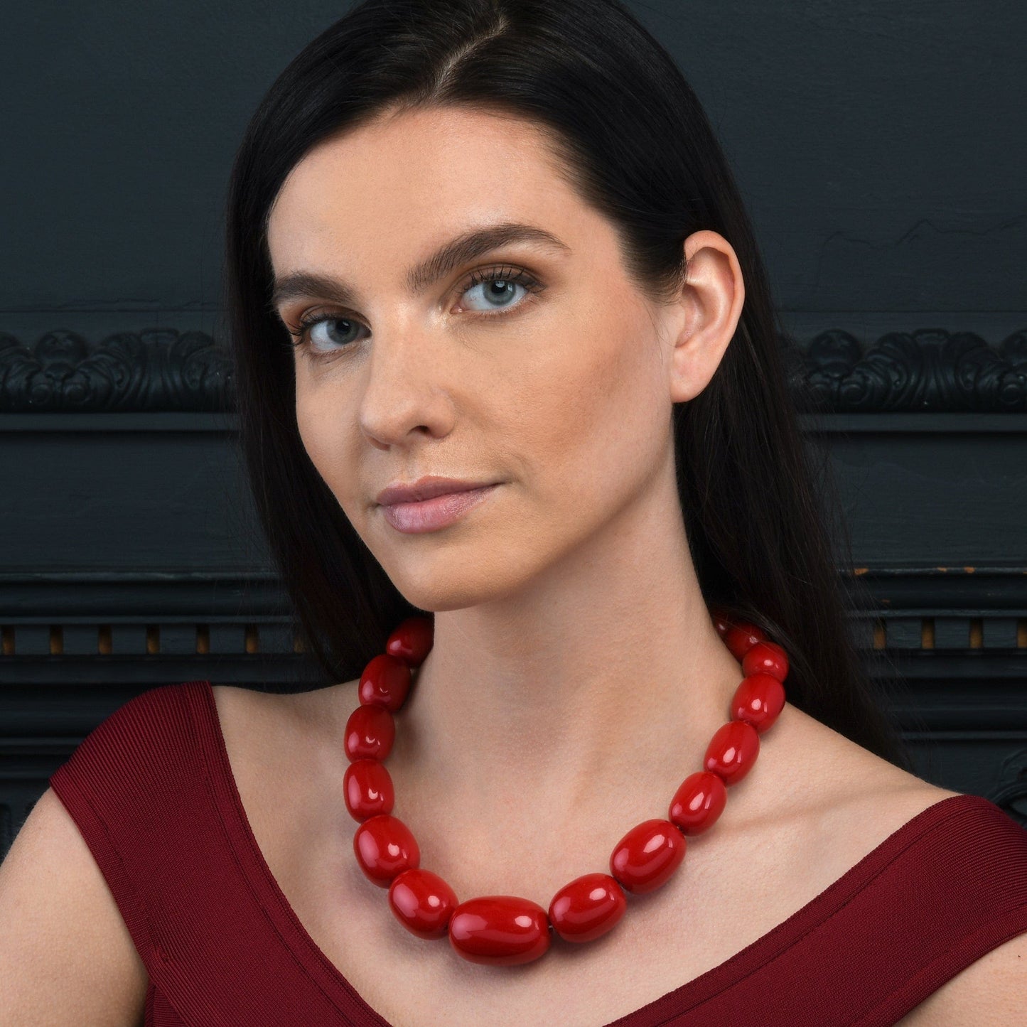 20 inch Long Red Oval Beads Statement Necklace for Women
