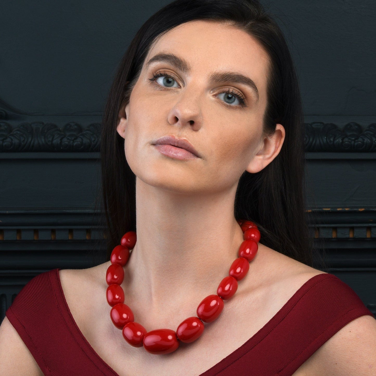 20 inch Long Red Oval Beads Statement Necklace for Women
