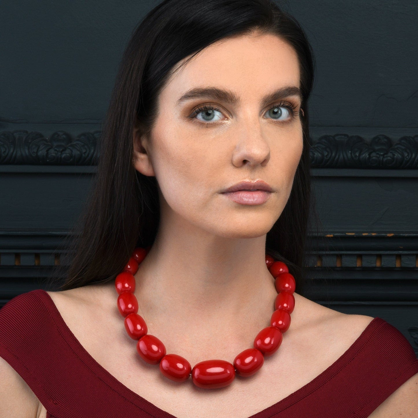 20 inch Long Red Oval Beads Statement Necklace for Women