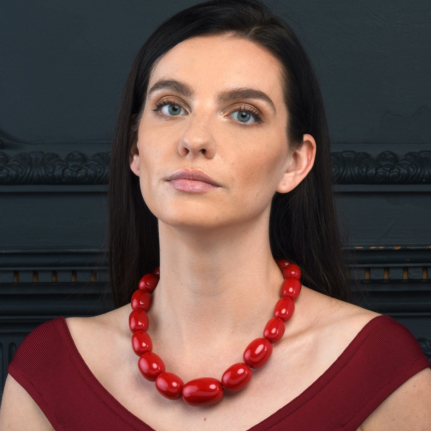 20 inch Long Red Oval Beads Statement Necklace for Women