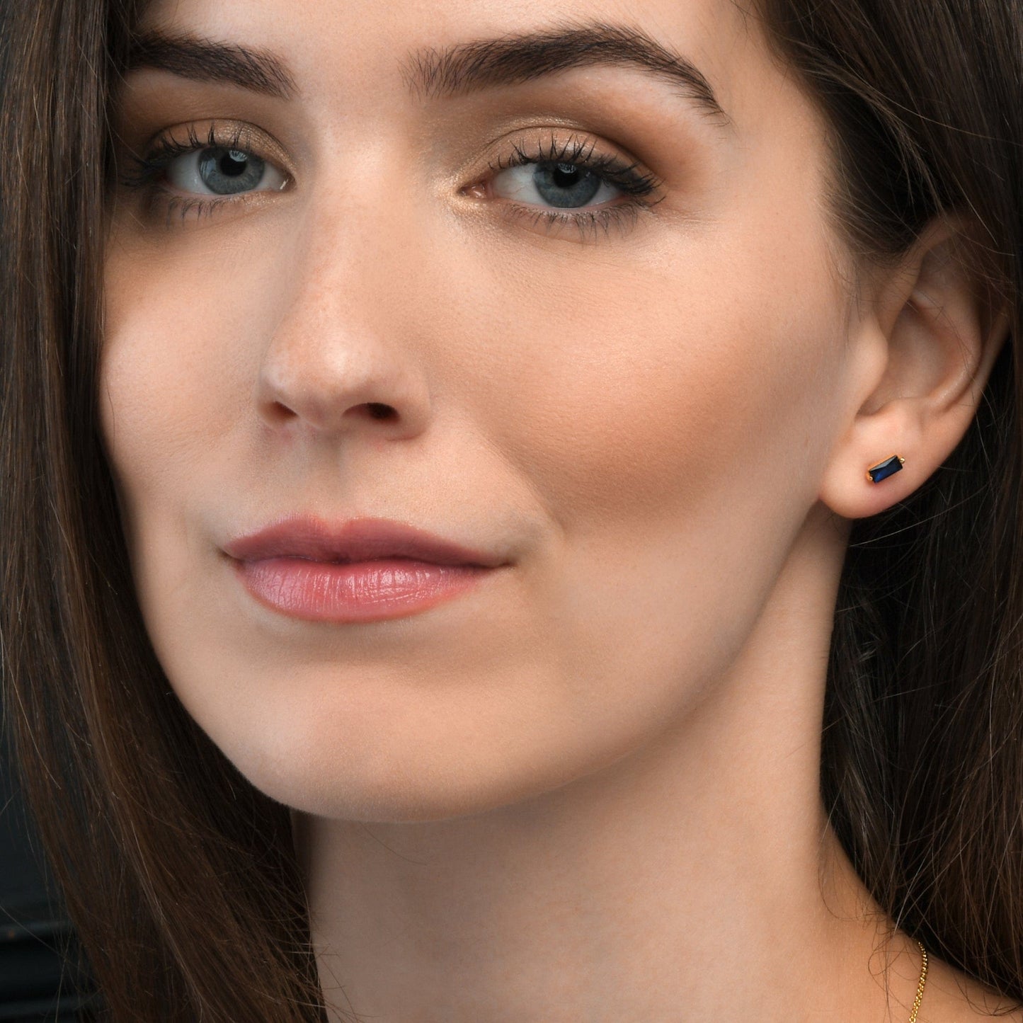 Dainty Gold plated Blue Baguette Stud Earrings in 925 Sterling Silver For Women