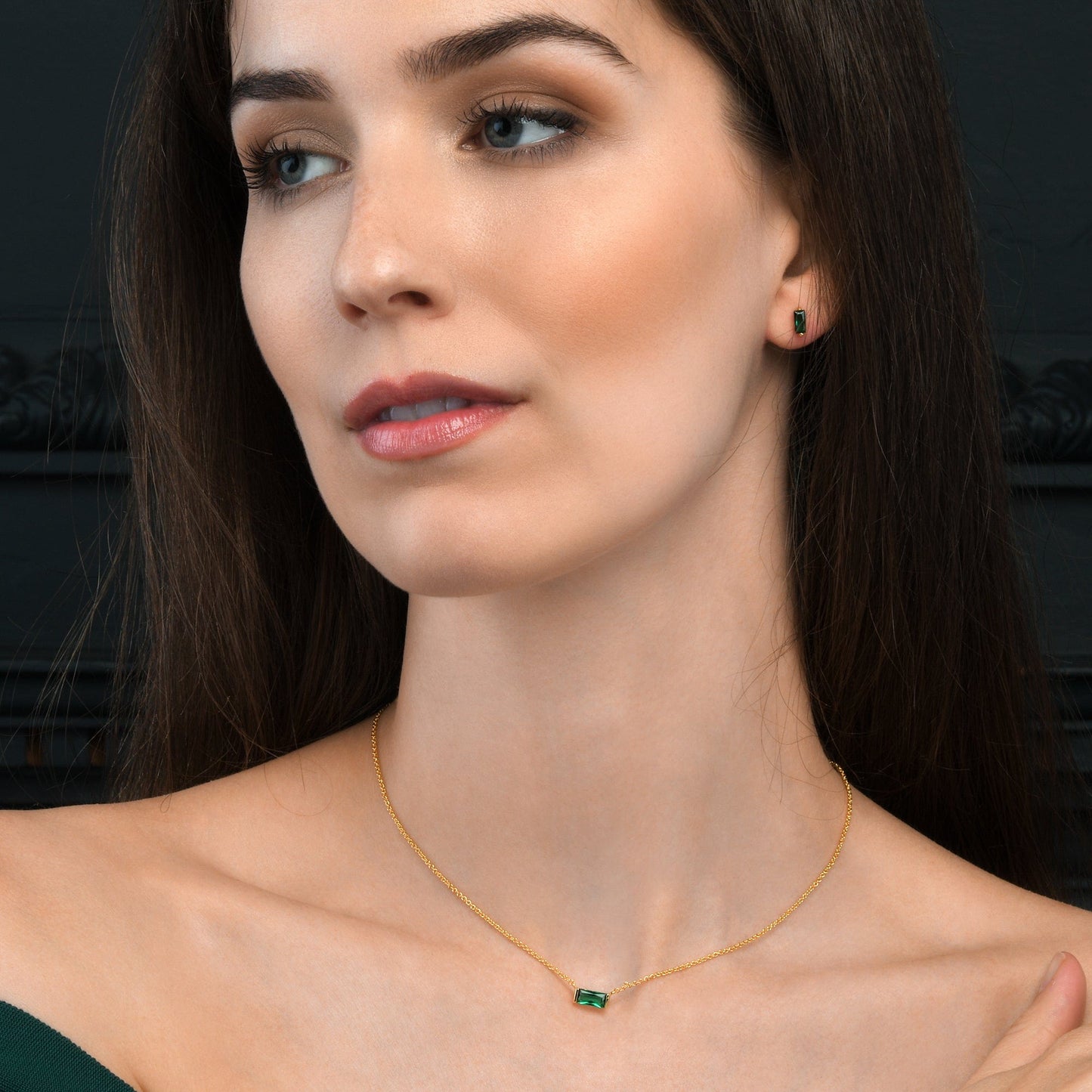 Dainty Gold plated Green Baguette Stud Earrings in 925 Sterling Silver For Women