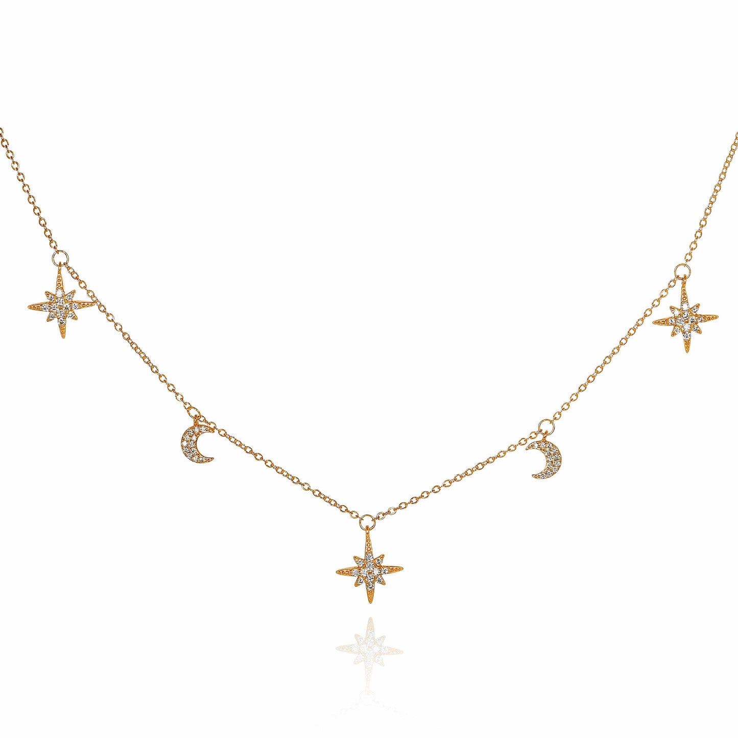 Gold Plated 925 Sterling Silver Moon and Star Charm Necklace For Women