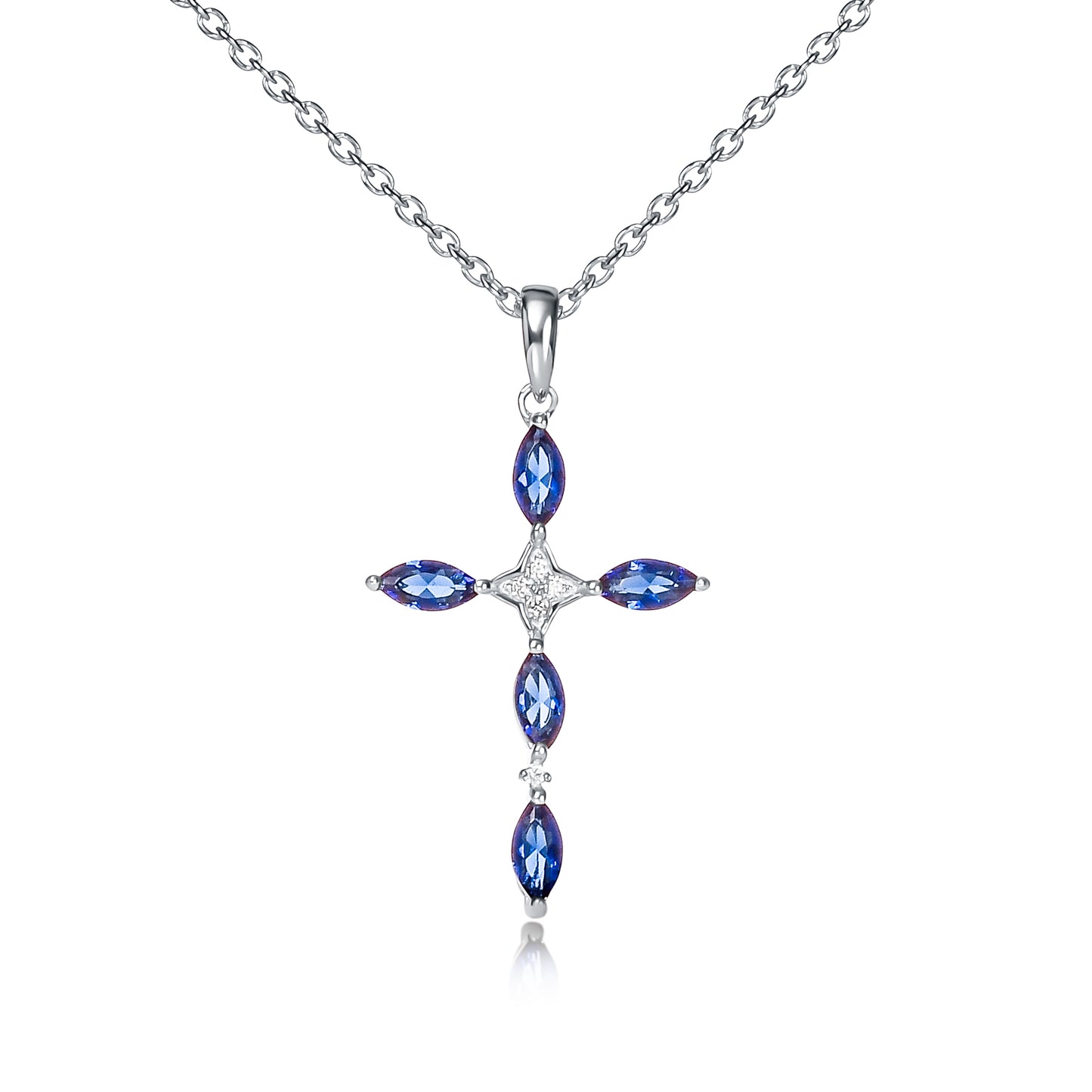Sterling Silver Cross Necklace for Women with Blue Stones