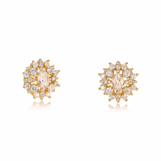 Gold Oval Large Stud Earrings for Women with Cubic Zirconia Stones