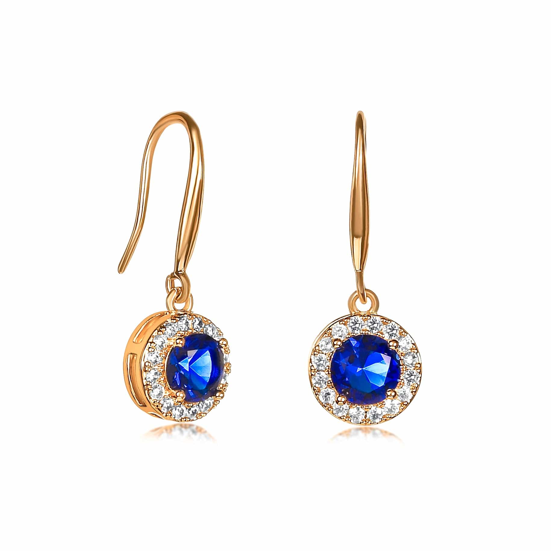 Gold Plated Round Blue Halo Drop Earrings with Cubic Zirconia