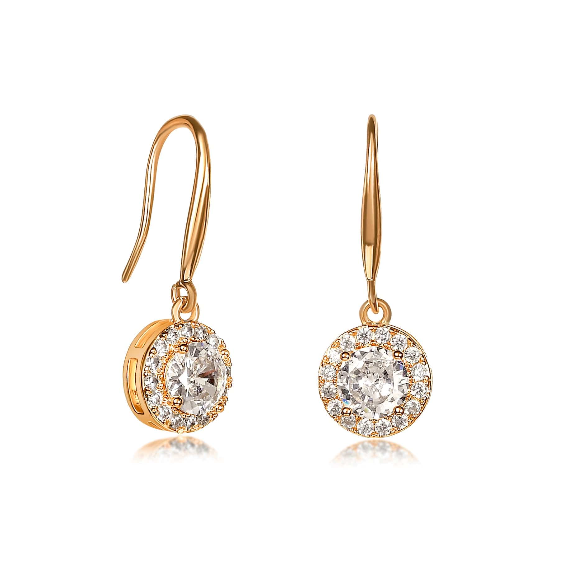 Gold Plated Round Halo Drop Earrings with Clear Cubic Zirconia