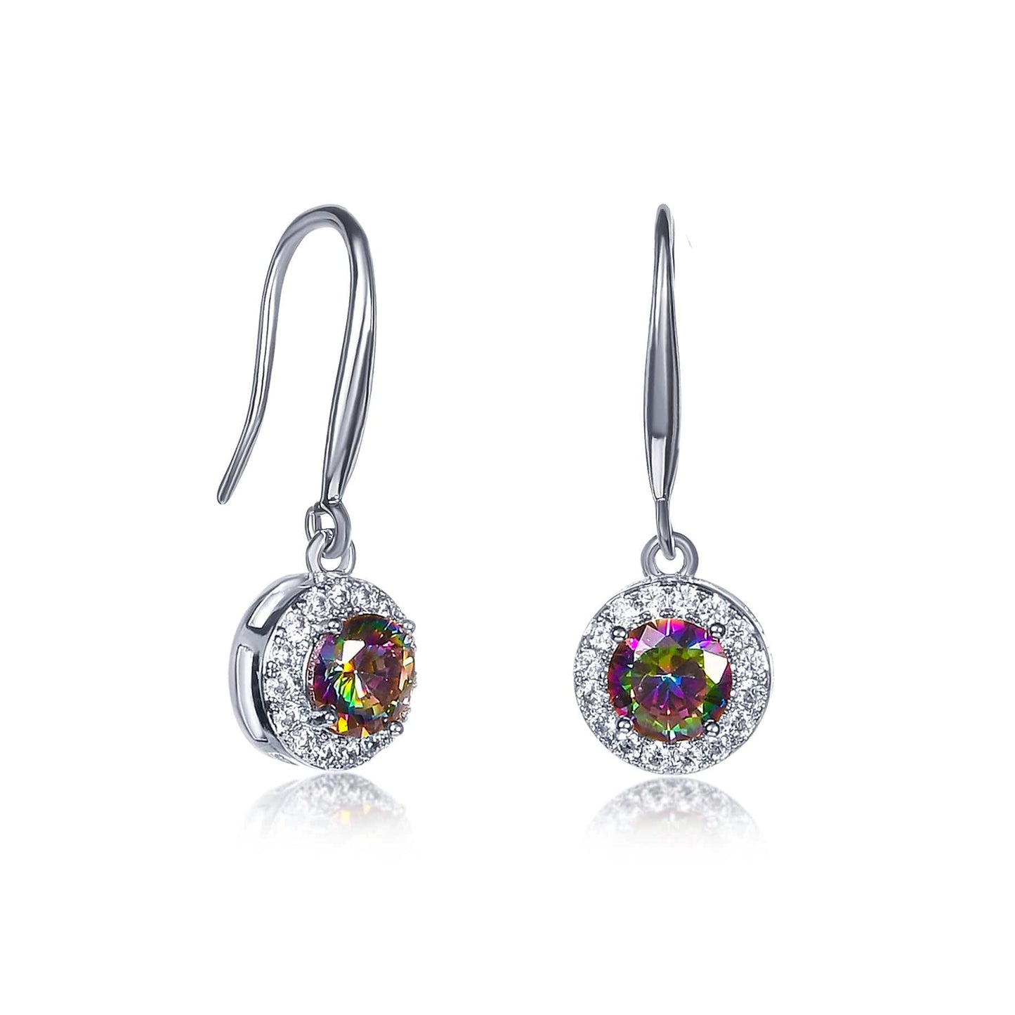 Silver Round Halo Drop Earrings with Mystic Cubic Zirconia Stones for women