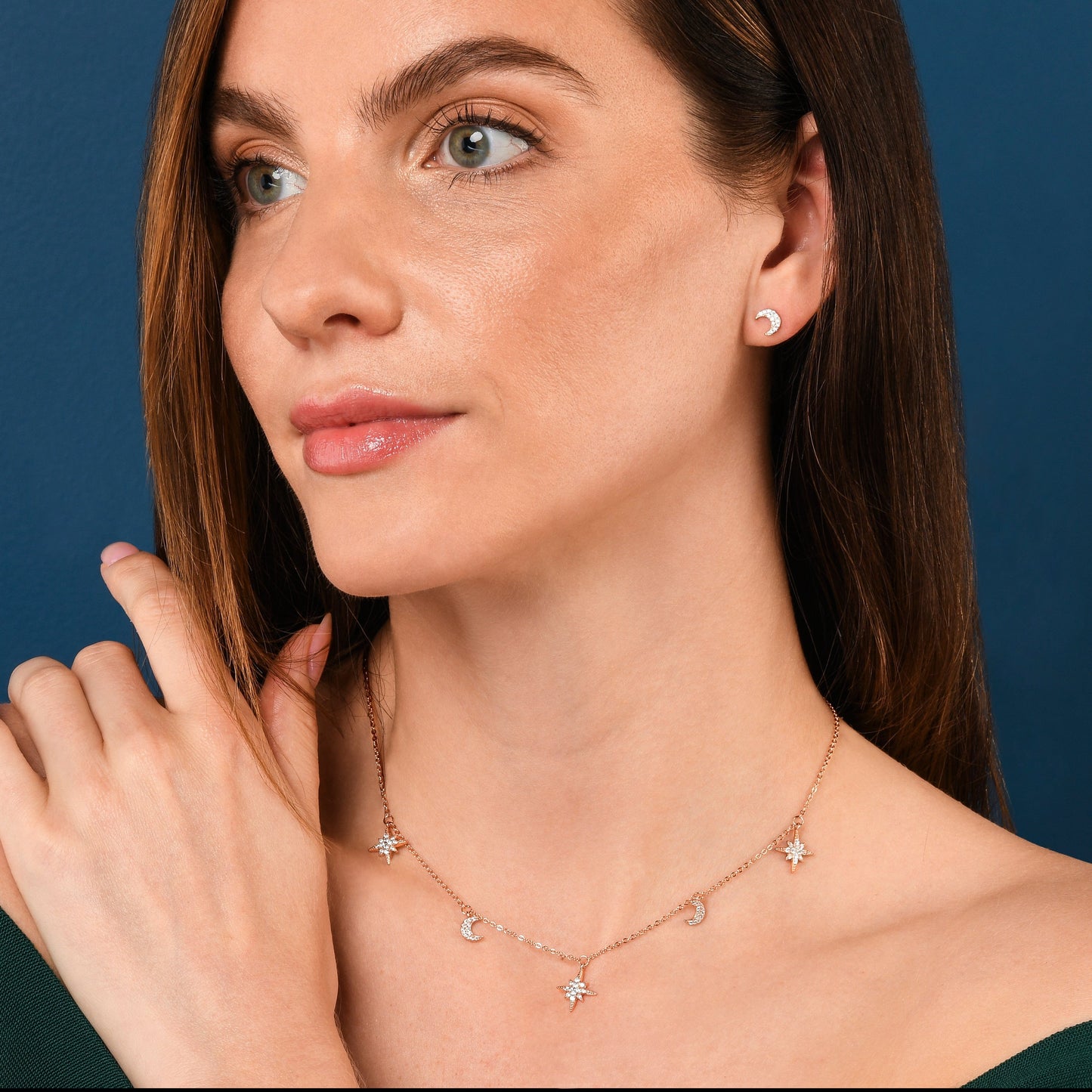 Rose Gold Plated 925 Sterling Silver Moon and Star Charm Necklace For Women