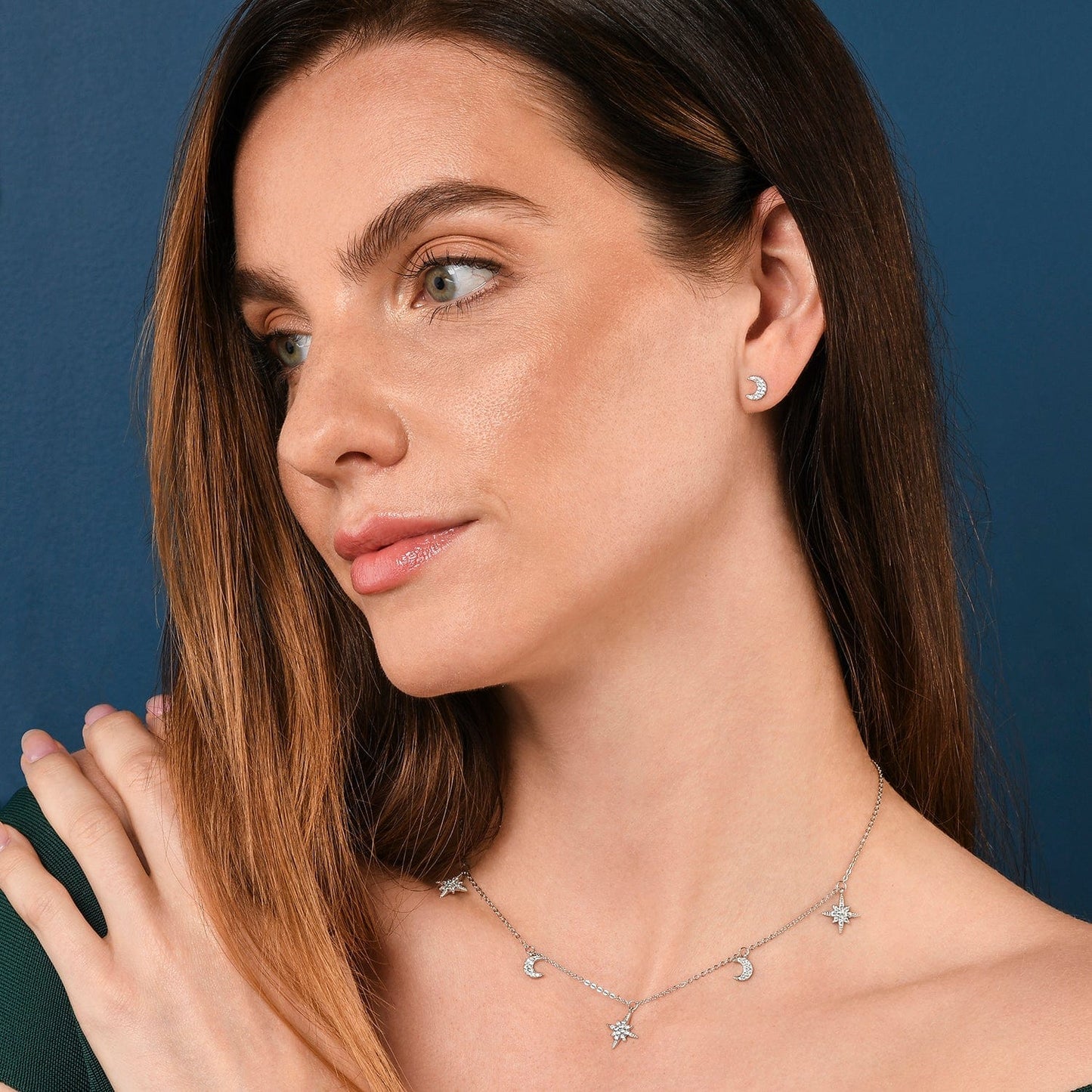 Dainty Moon and Star Charm Necklace in 925 Sterling Silver For Women
