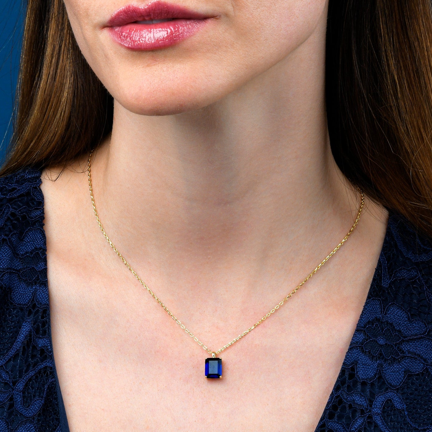 Gold Plated 925 Sterling Silver Blue Rectangle Solitaire Pendant Necklace For Women