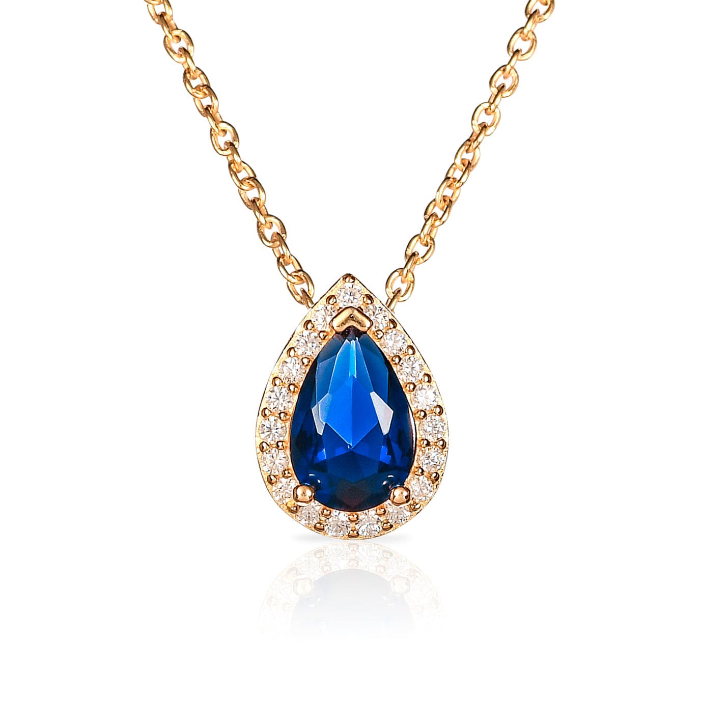 Gold Plated 925 Sterling Silver Blue Pear Drop Halo Pendant Necklace for Women