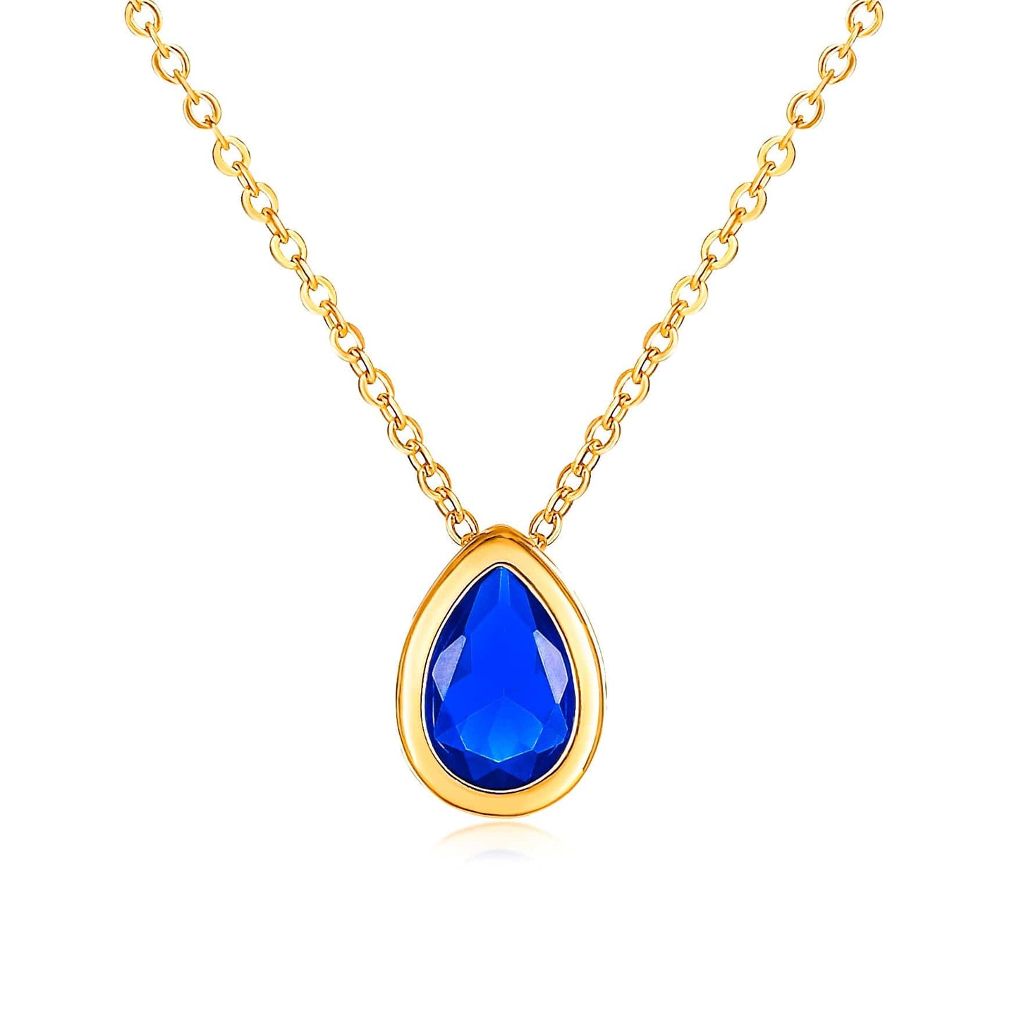 Gold Plated Blue Pear Shaped Pendant Necklace with Blue Cubic Zirconia Stone for Women