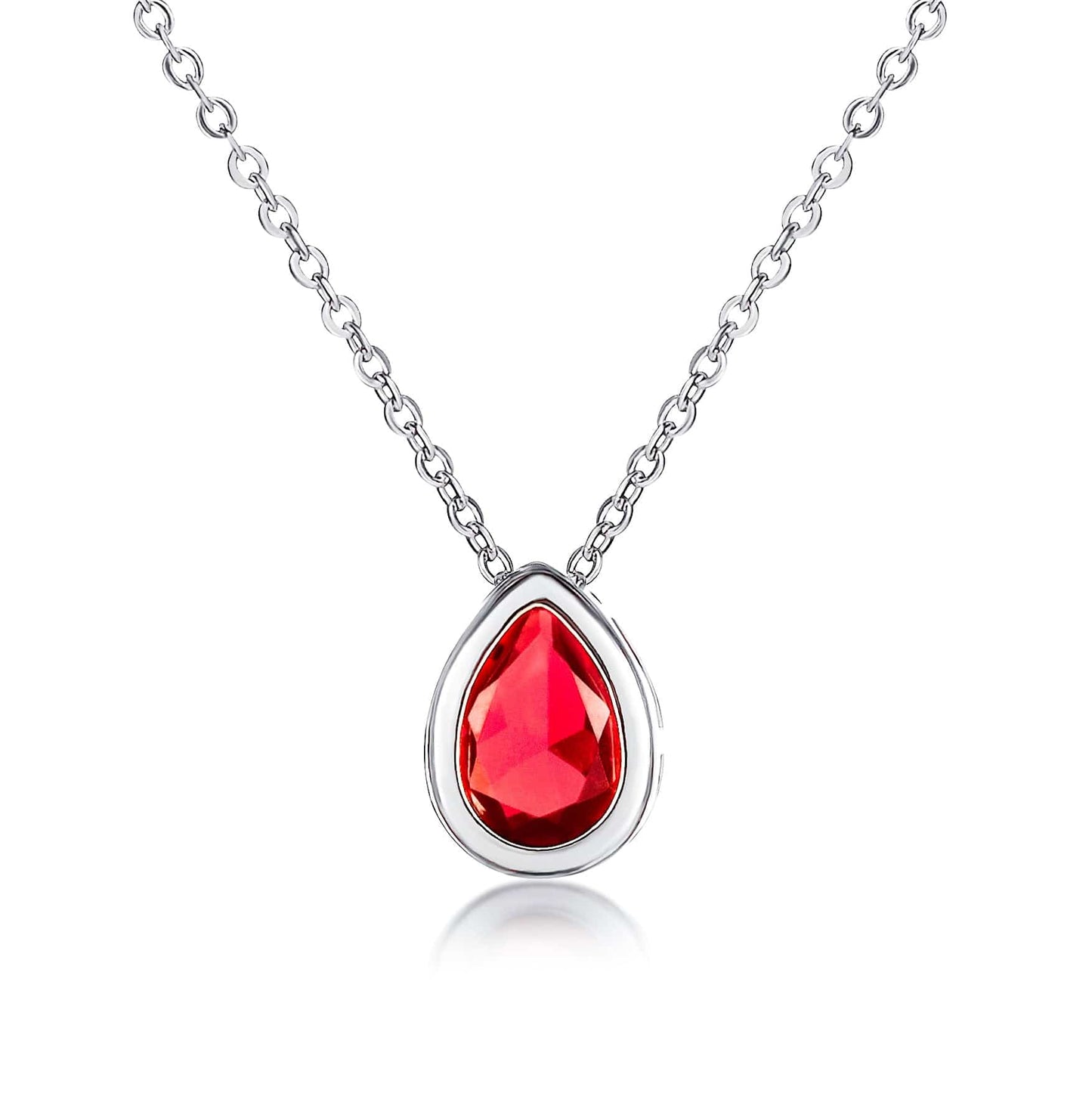 Red Pear Shaped Silver Pendant Necklace with Red Cubic Zirconia Stone for Women