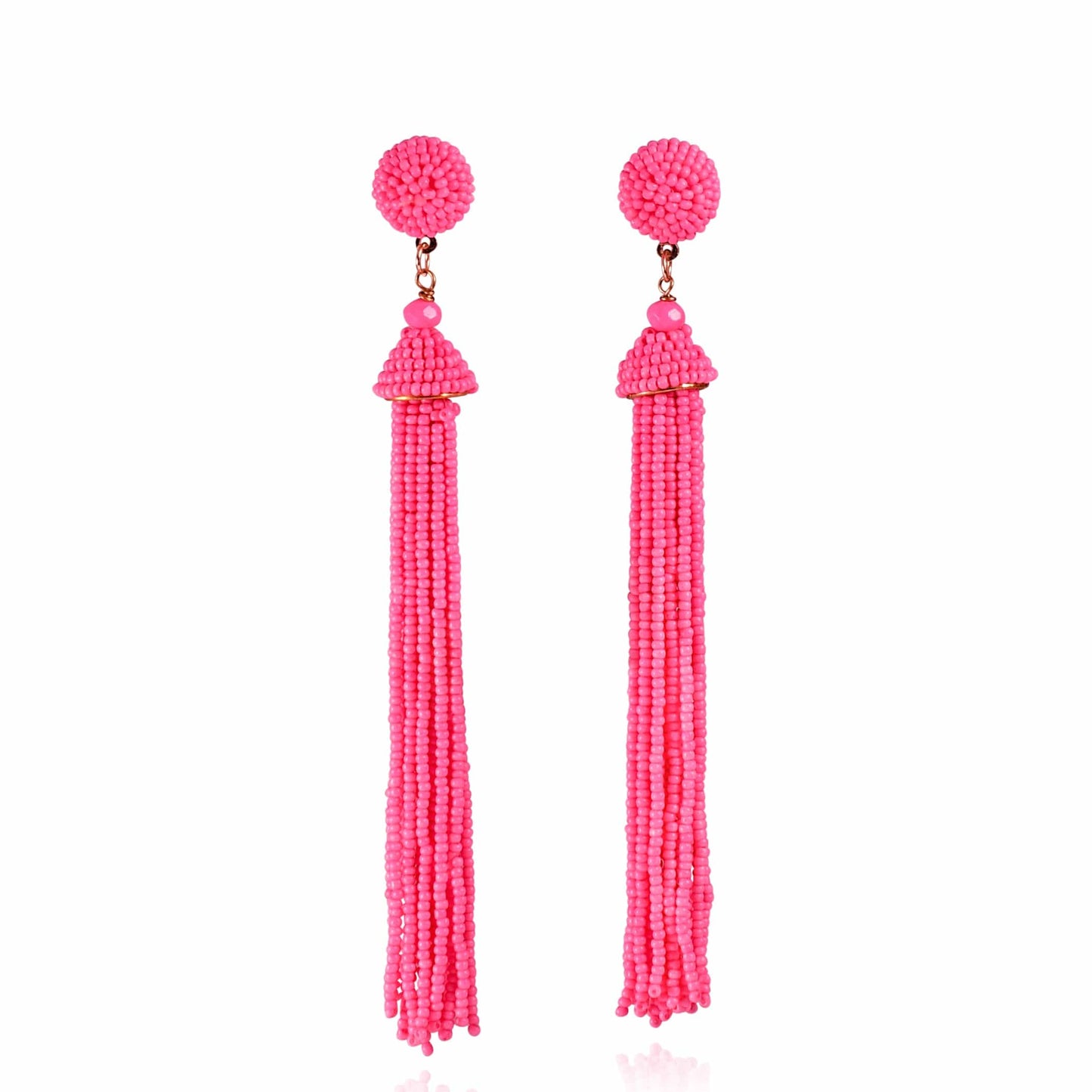 Long Bright Pink Beaded Tassel Earrings for Women