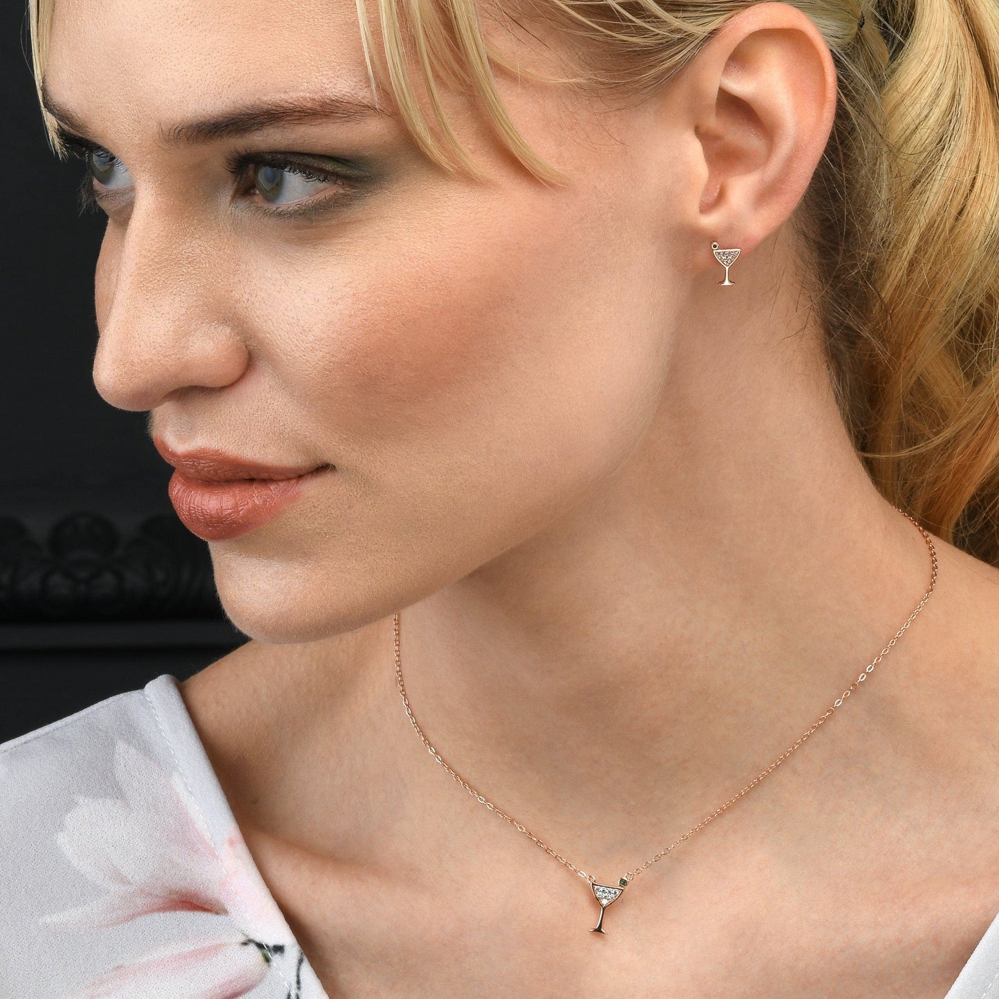 Rose Gold Cocktail Glass Stud Earrings for Women