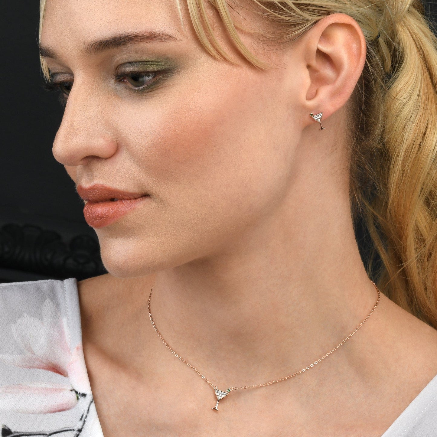 Rose Gold Cocktail Glass Stud Earrings for Women