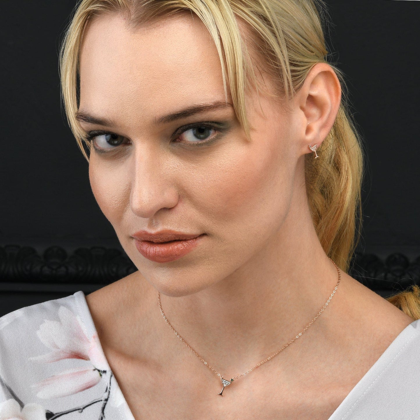 Rose Gold Cocktail Glass Stud Earrings for Women