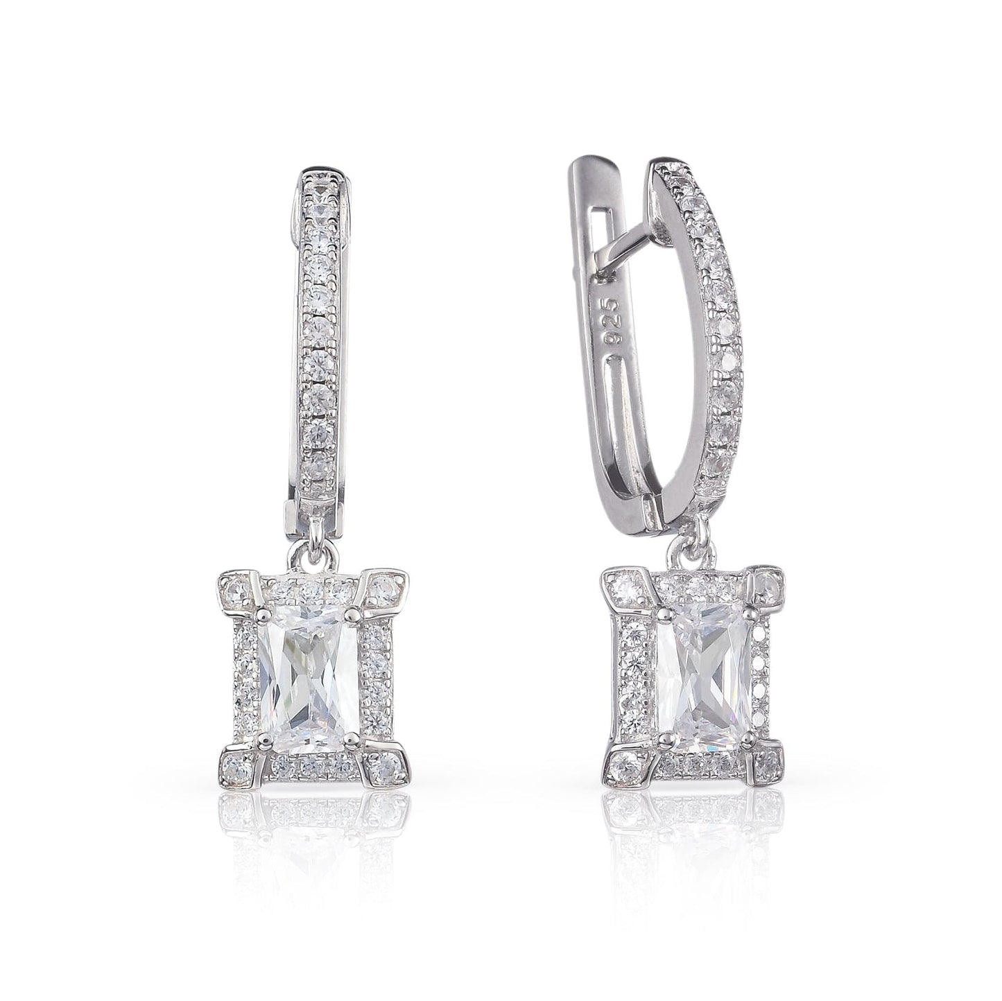 Sterling Silver Emerald Cut Drop Earrings for Women.