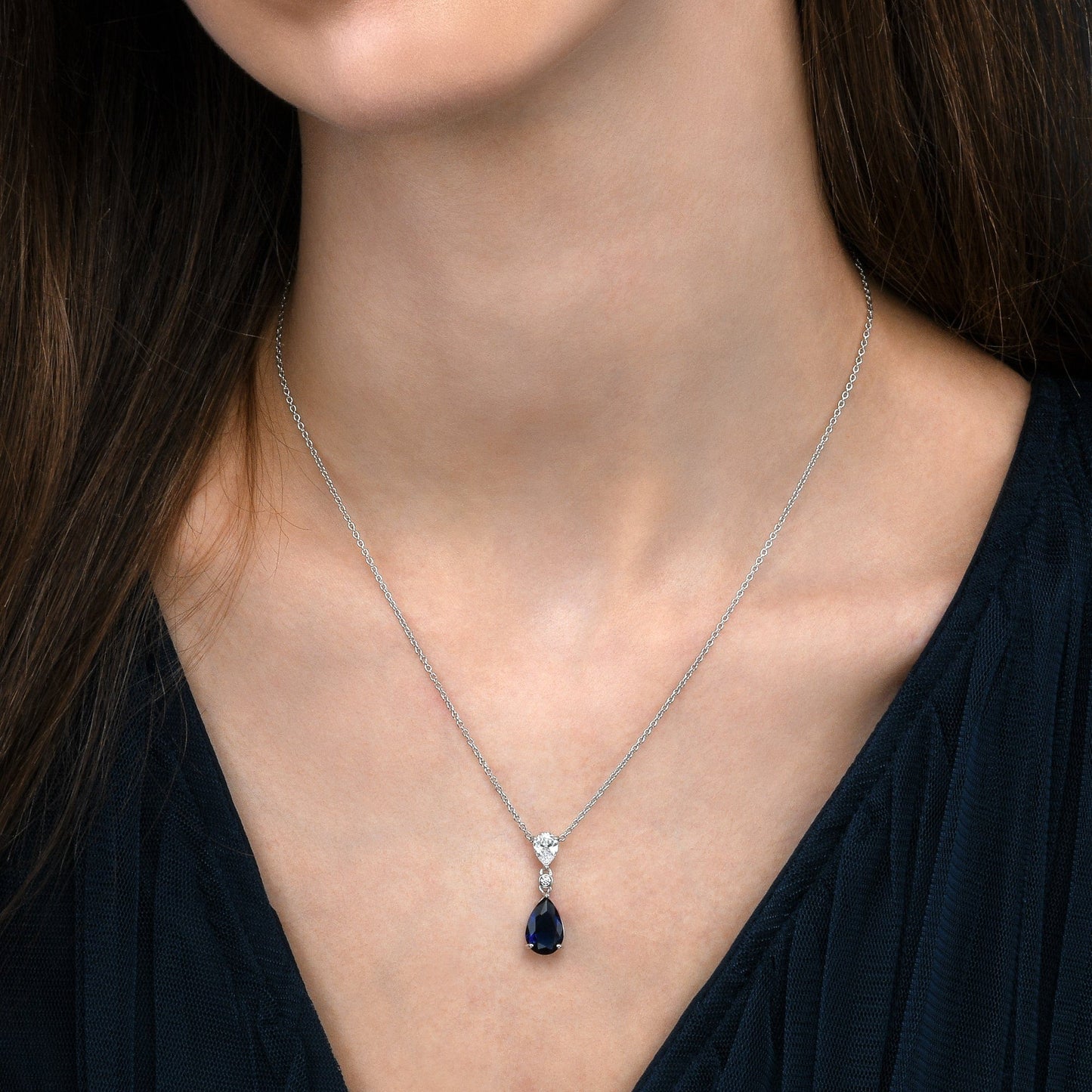 925 Sterling Silver Blue Pear Shaped Pendant Necklace