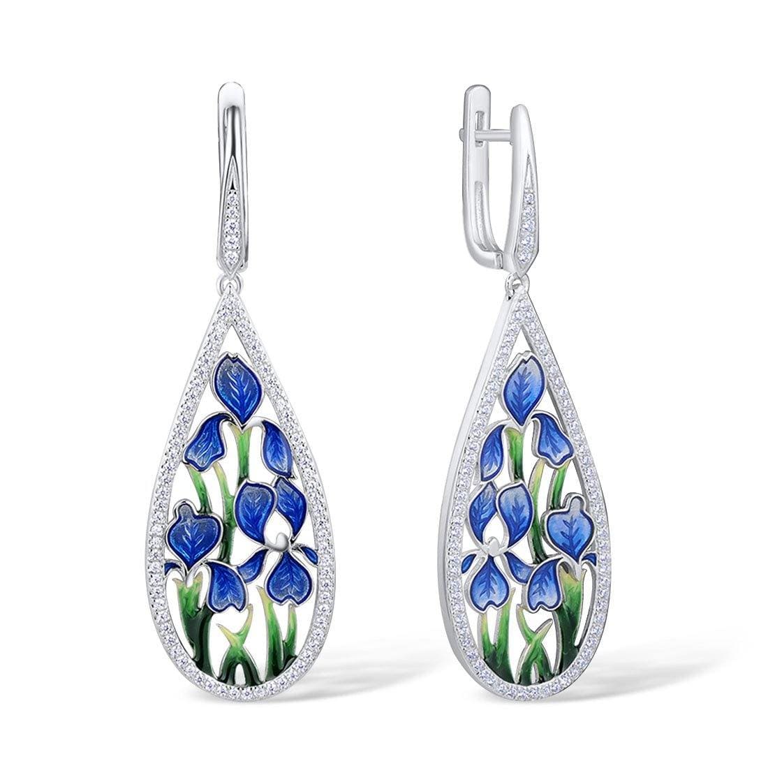 Sterling Silver Statement Drop Earrings for Women with Enamel Flower Details and Cubic Zirconia Gemstones - namana.london