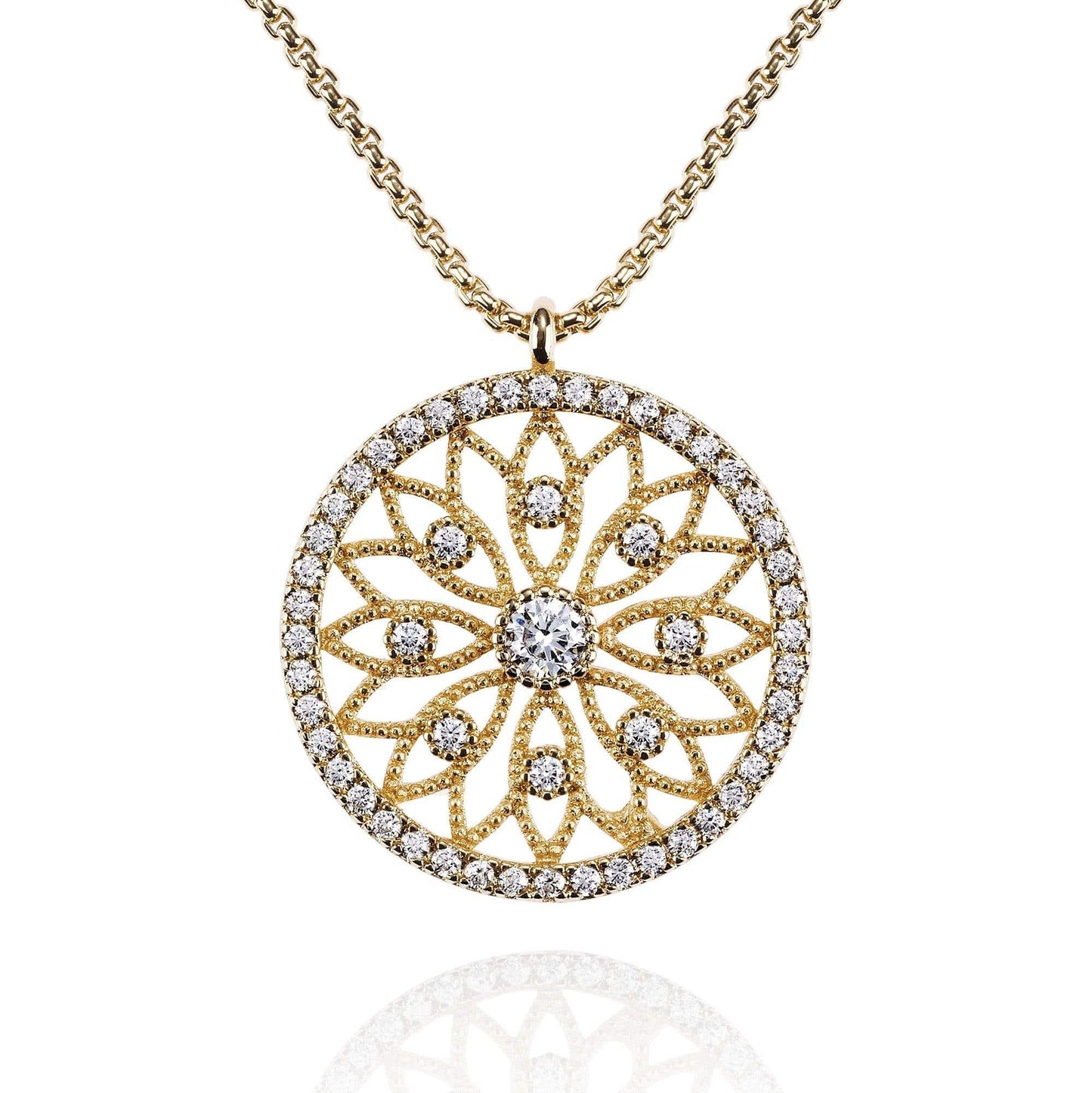 Gold Mandala Arabesque Pendant Necklace with Cubic Zirconia - namana.london