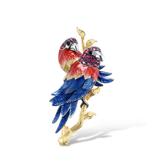 Gold plated Sterling Silver Brooch for Women with Parrot Couple - namana.london