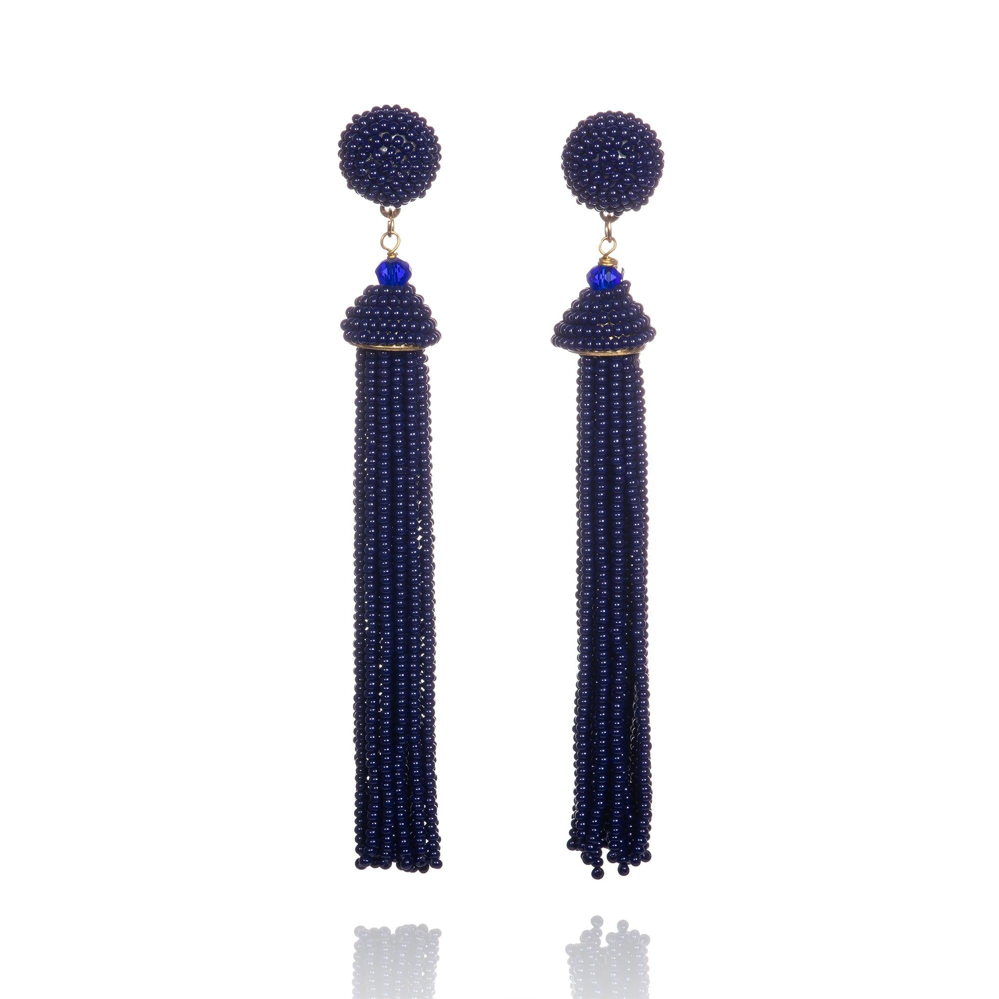 Long Blue Beaded Tassel Earrings for Women namana.london