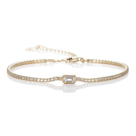 Gold Plated Skinny Tennis Bracelet with a Baguette Stone - namana.london