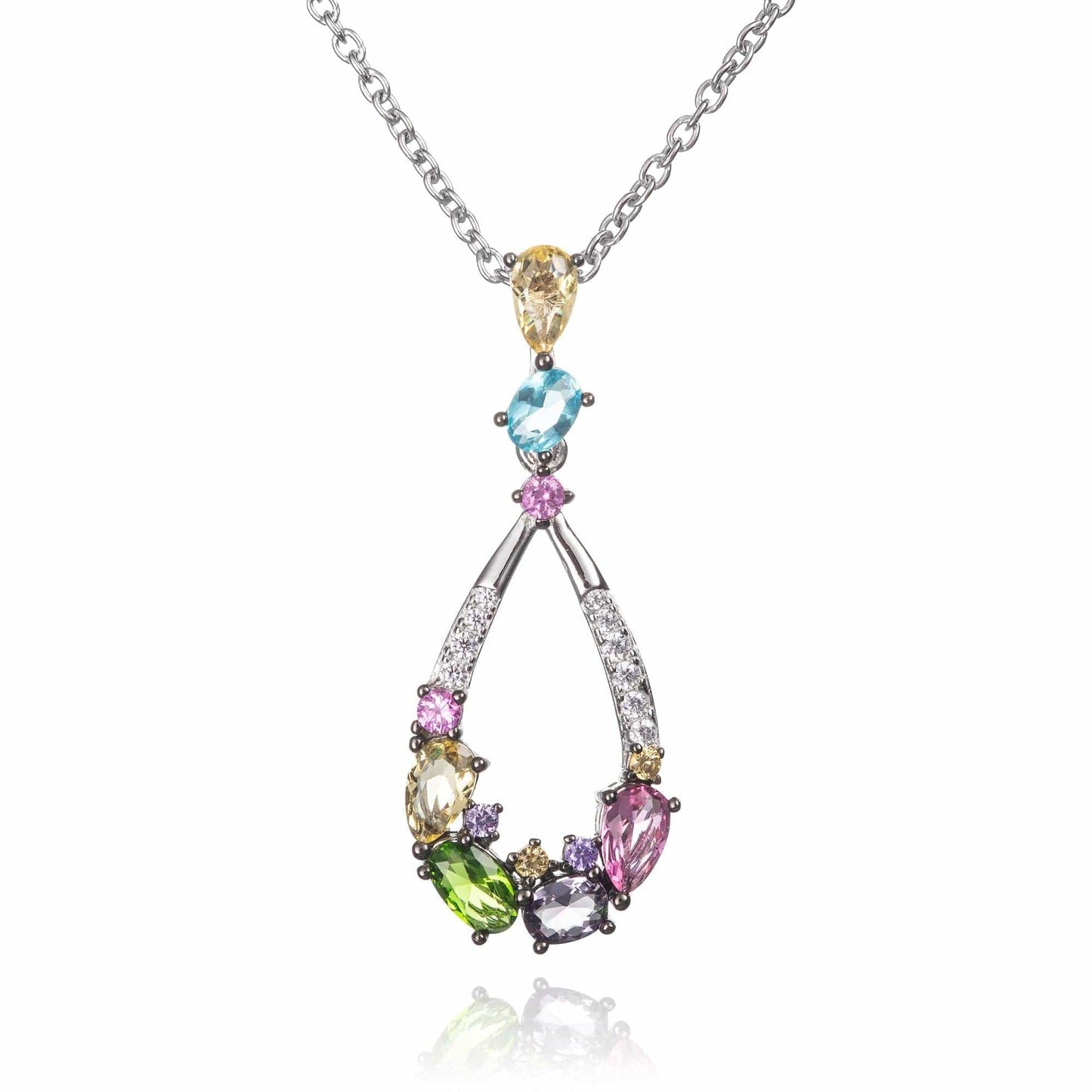 Sterling Silver Colourful Pendant Necklace for Women with Multicoloured Stones and Cubic Zirconia Gemstones - namana.london