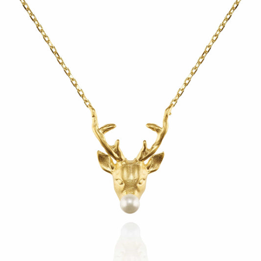 Gold Reindeer Pendant Necklace with a Pearl - namana.london